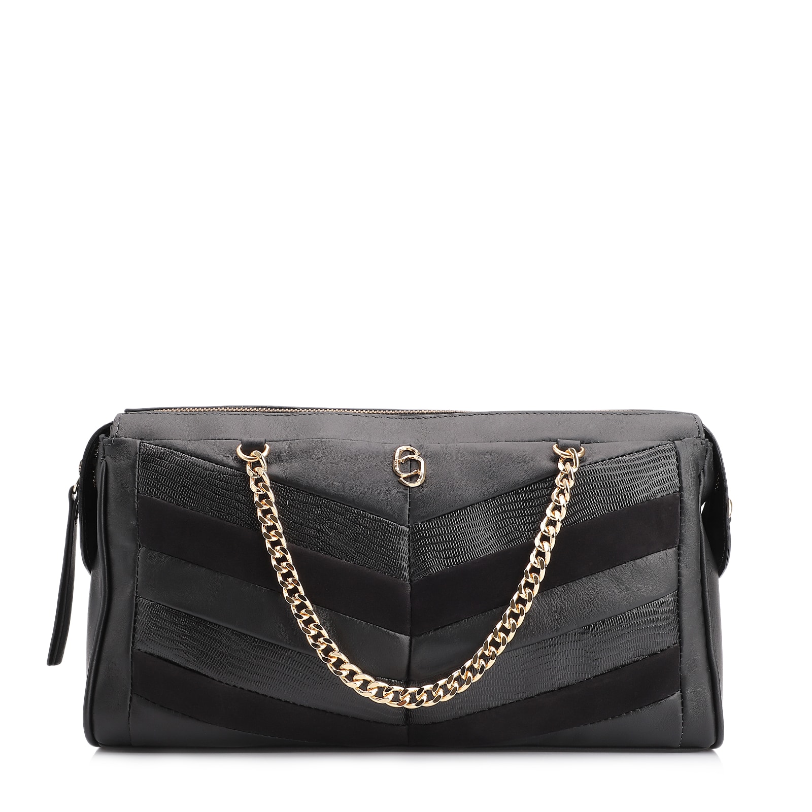 Bolsa Transversal Couro Preto/Couro Nobuck Preto/Lezard Preto