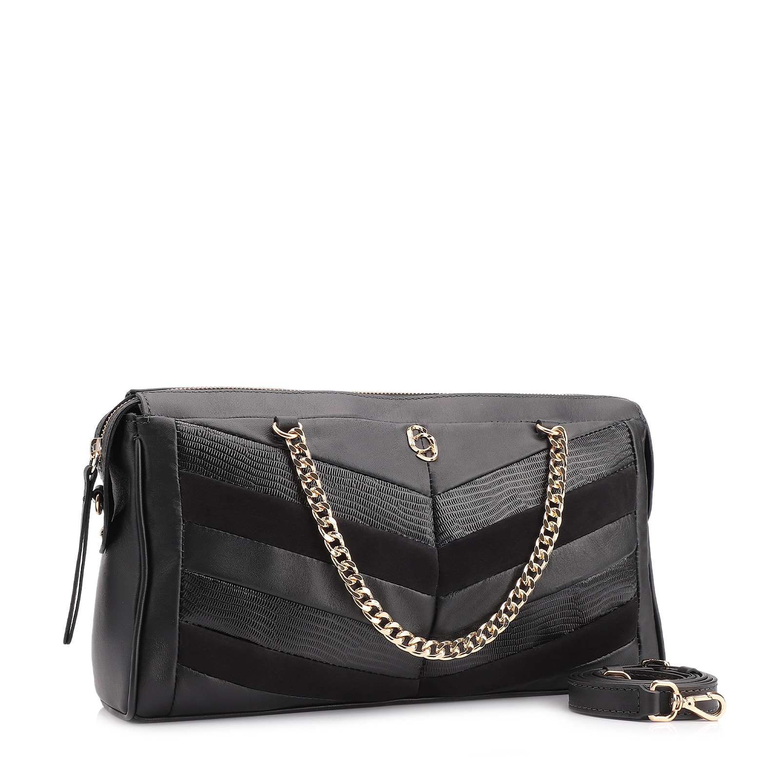 Bolsa Transversal Couro Preto/Couro Nobuck Preto/Lezard Preto