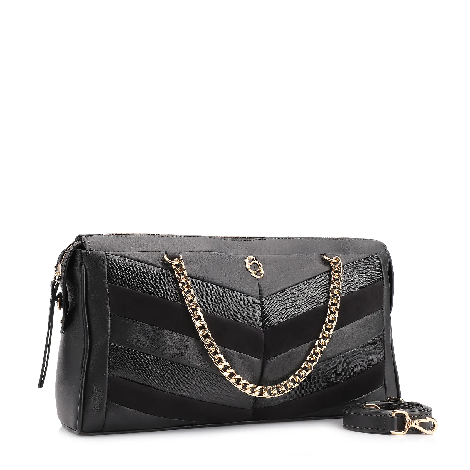 Bolsa Transversal Couro Preto/Couro Nobuck Preto/Lezard Preto