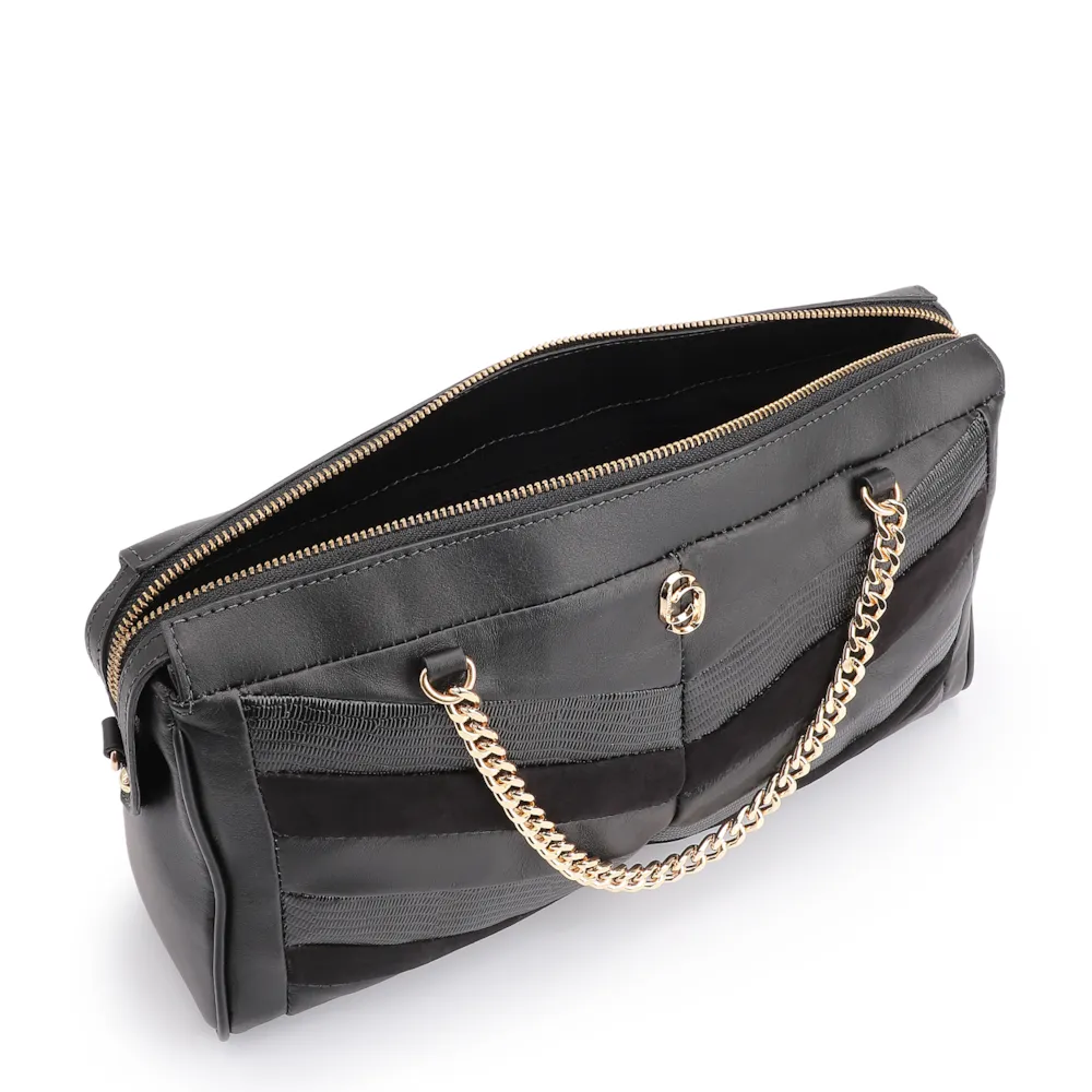 Bolsa Transversal Couro Preto/Couro Nobuck Preto/Lezard Preto - imagem 4