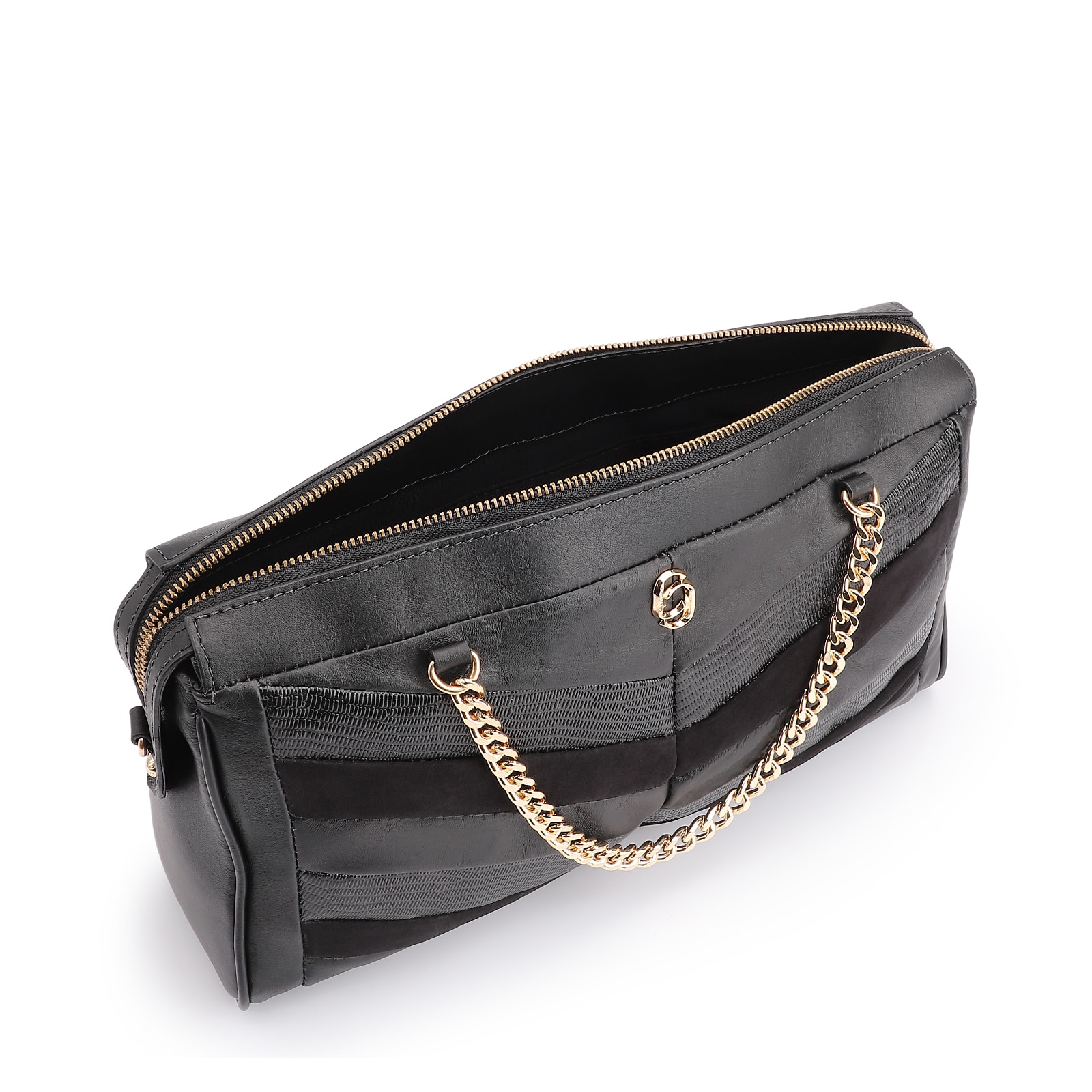 Bolsa Transversal Couro Preto/Couro Nobuck Preto/Lezard Preto