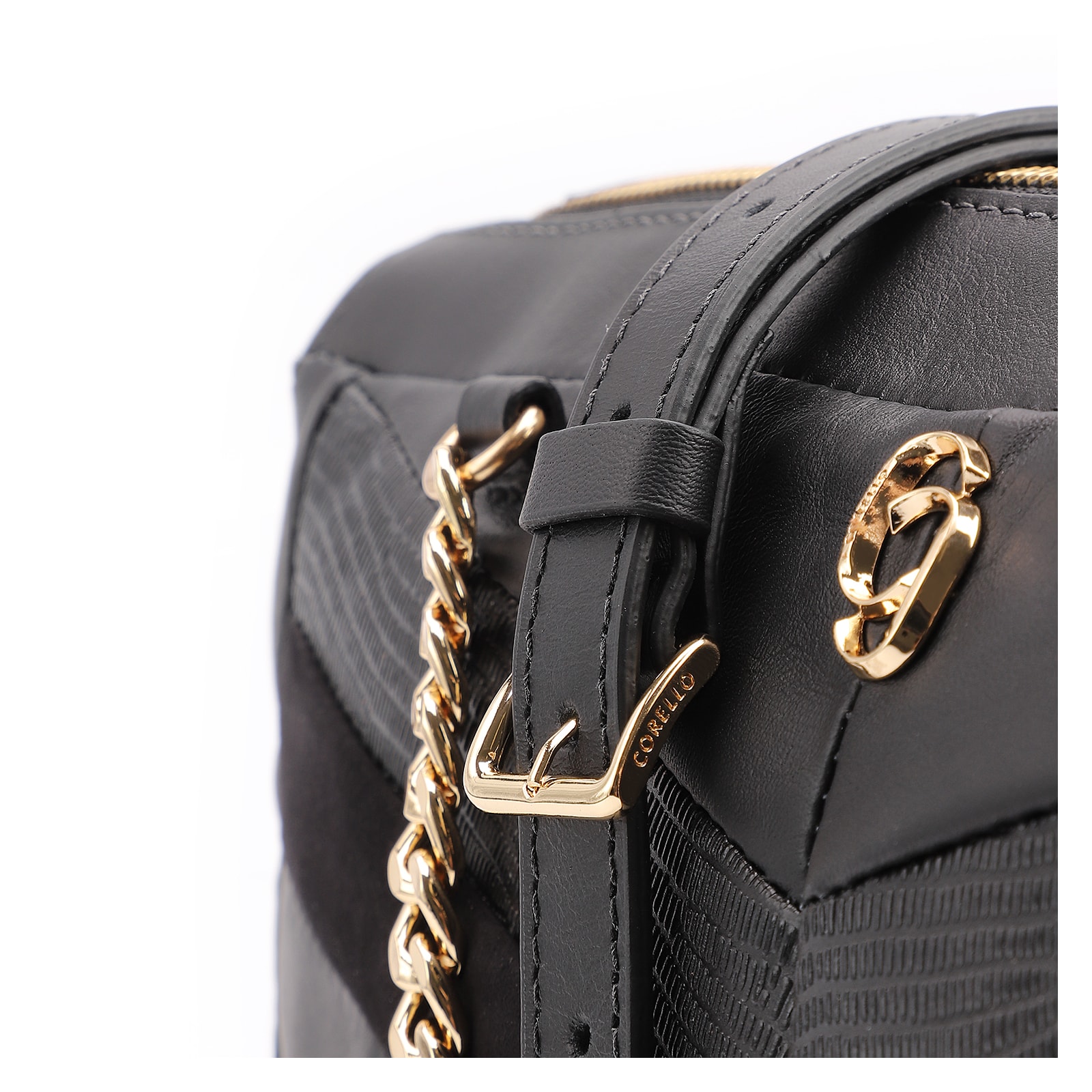Bolsa Transversal Couro Preto/Couro Nobuck Preto/Lezard Preto