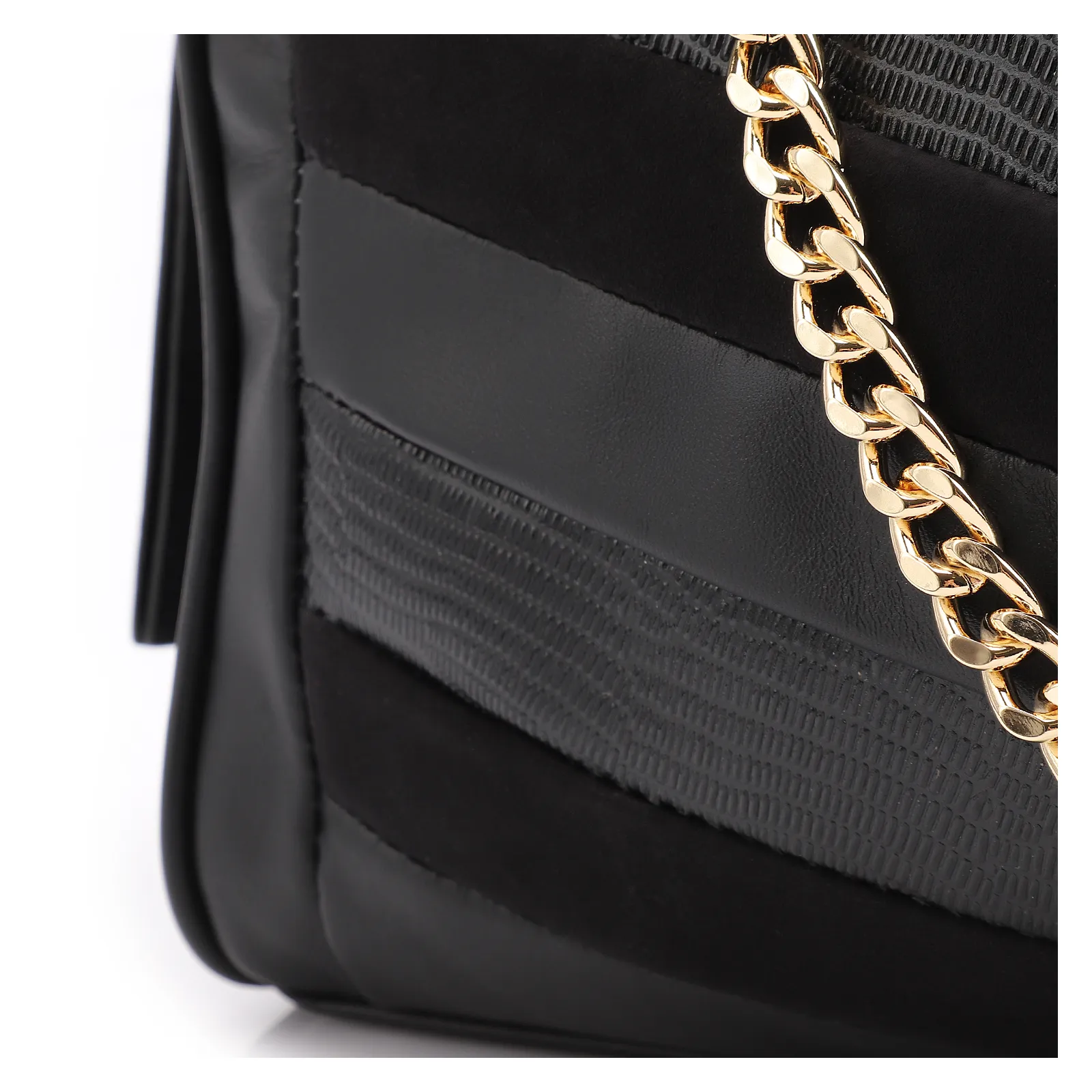 Bolsa Transversal Couro Preto/Couro Nobuck Preto/Lezard Preto