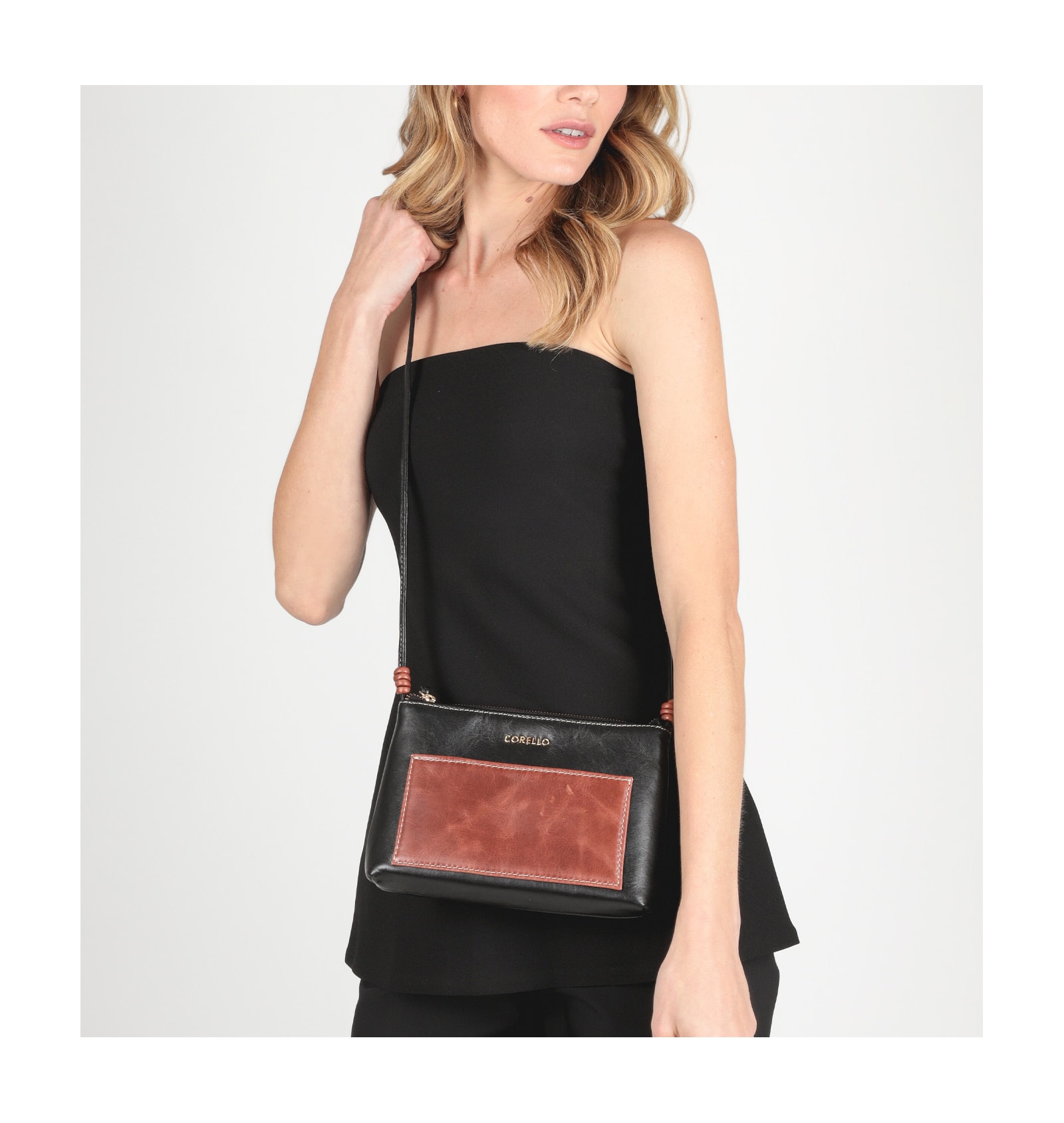 Bolsa Transversal Couro Preto/Marrom