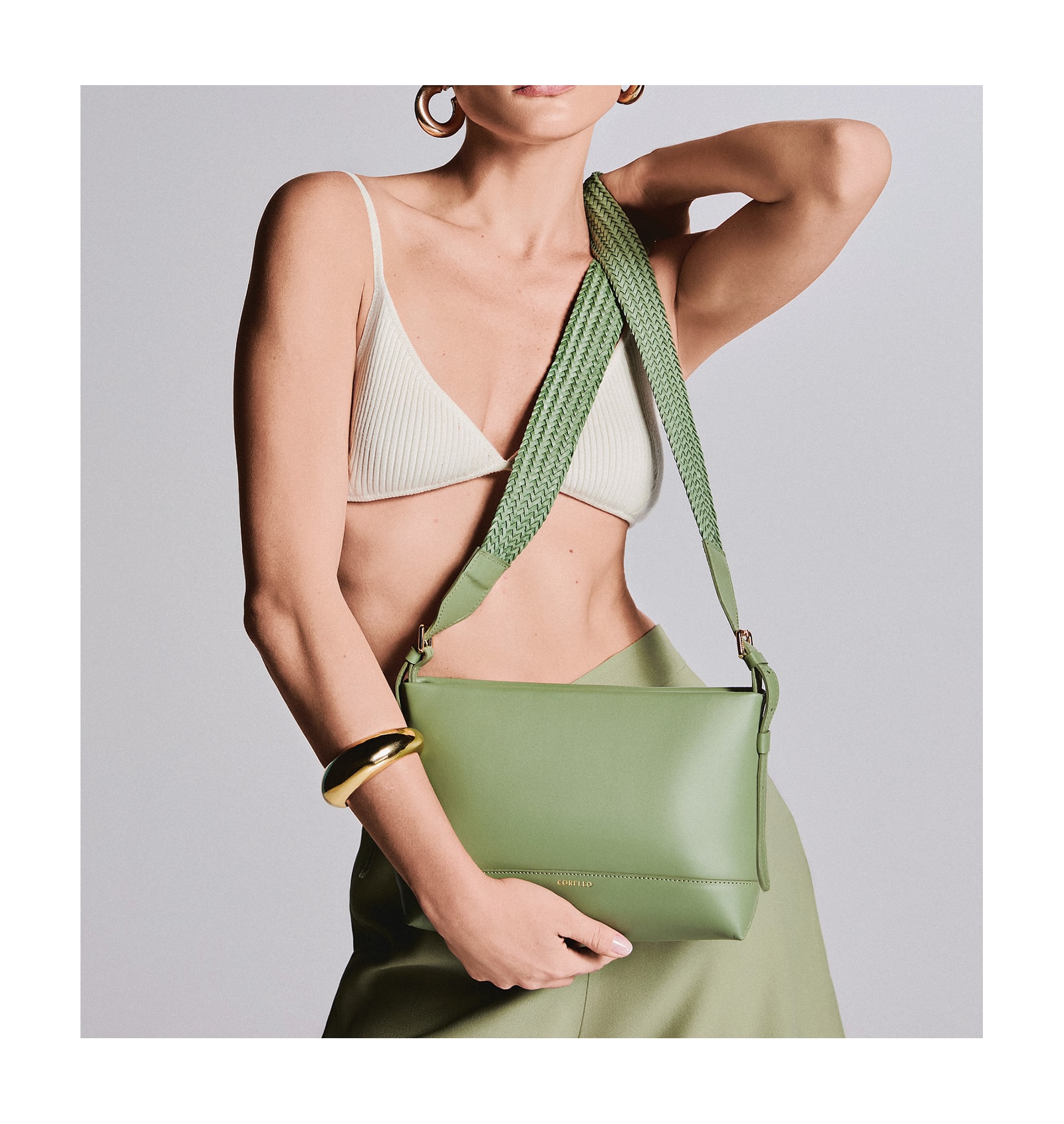 Bolsa Transversal Couro Verde Claro/Alça Alt Tramado Verde