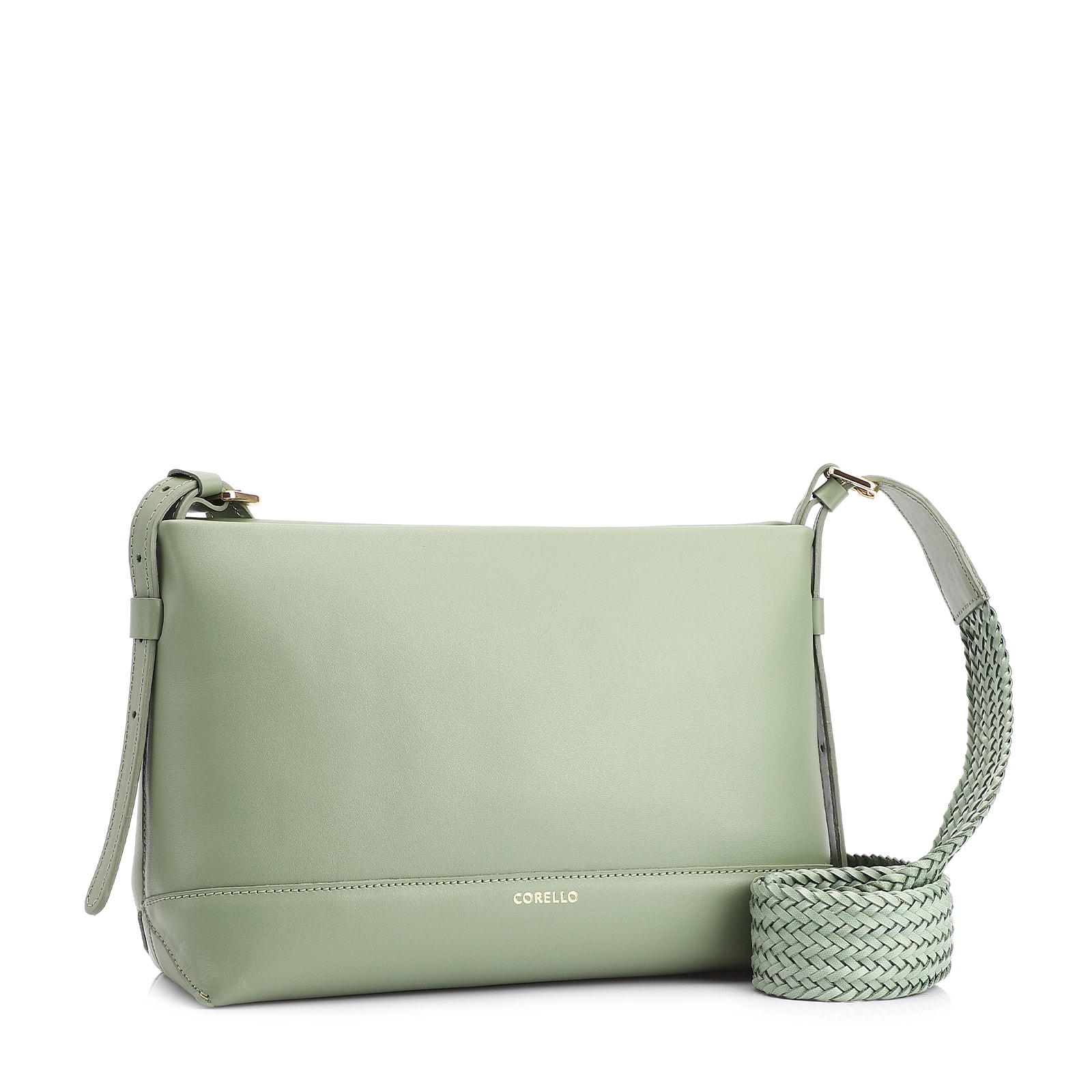 Bolsa Transversal Couro Verde Claro/Alça Alt Tramado Verde