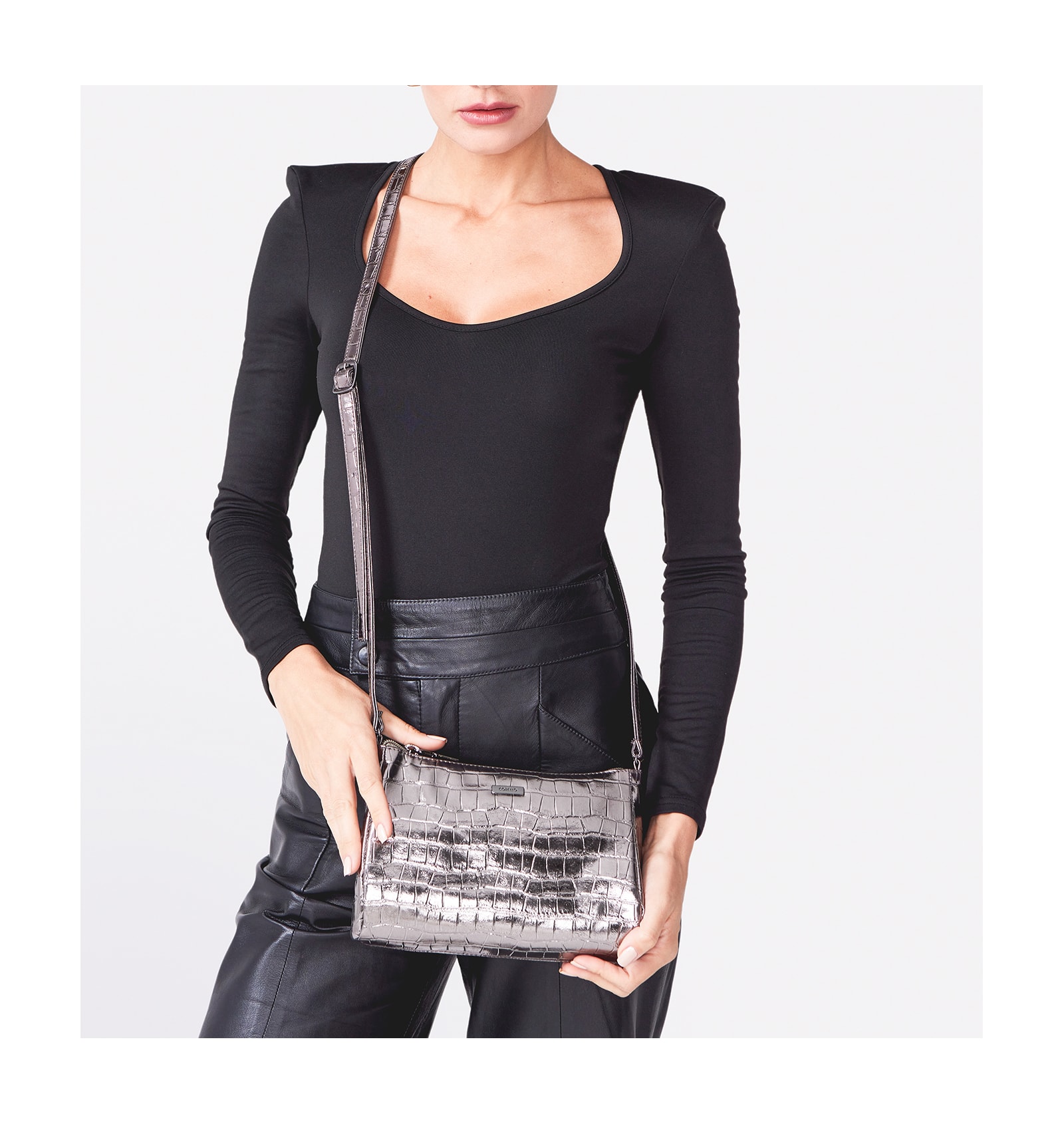 Bolsa Transversal Croco Prata