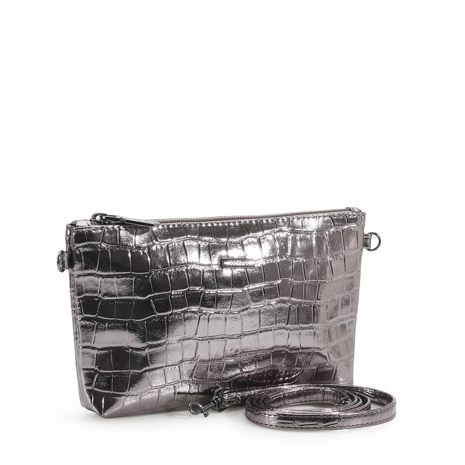 Bolsa Transversal Croco Prata Velho