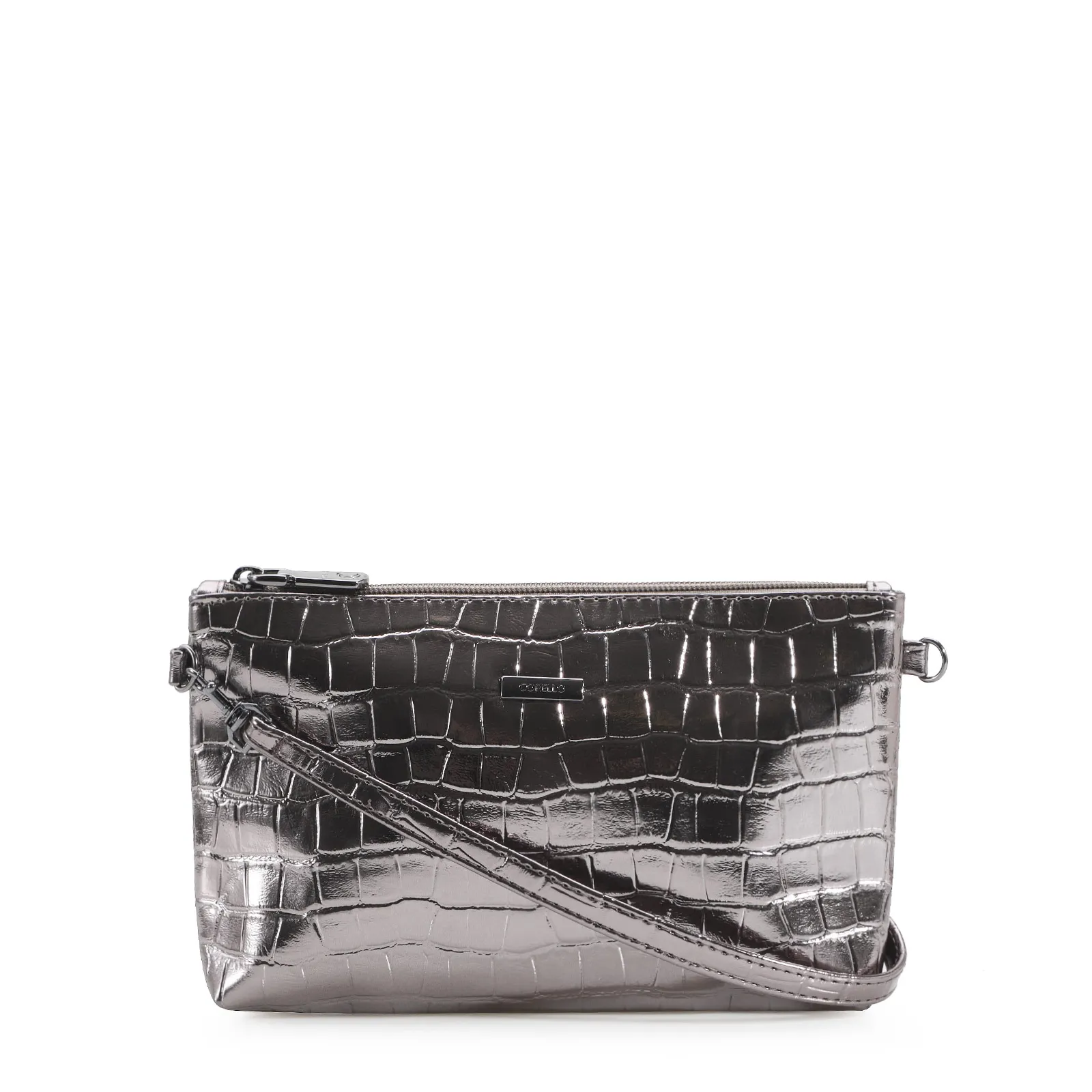 Bolsa Transversal Croco Prata Velho