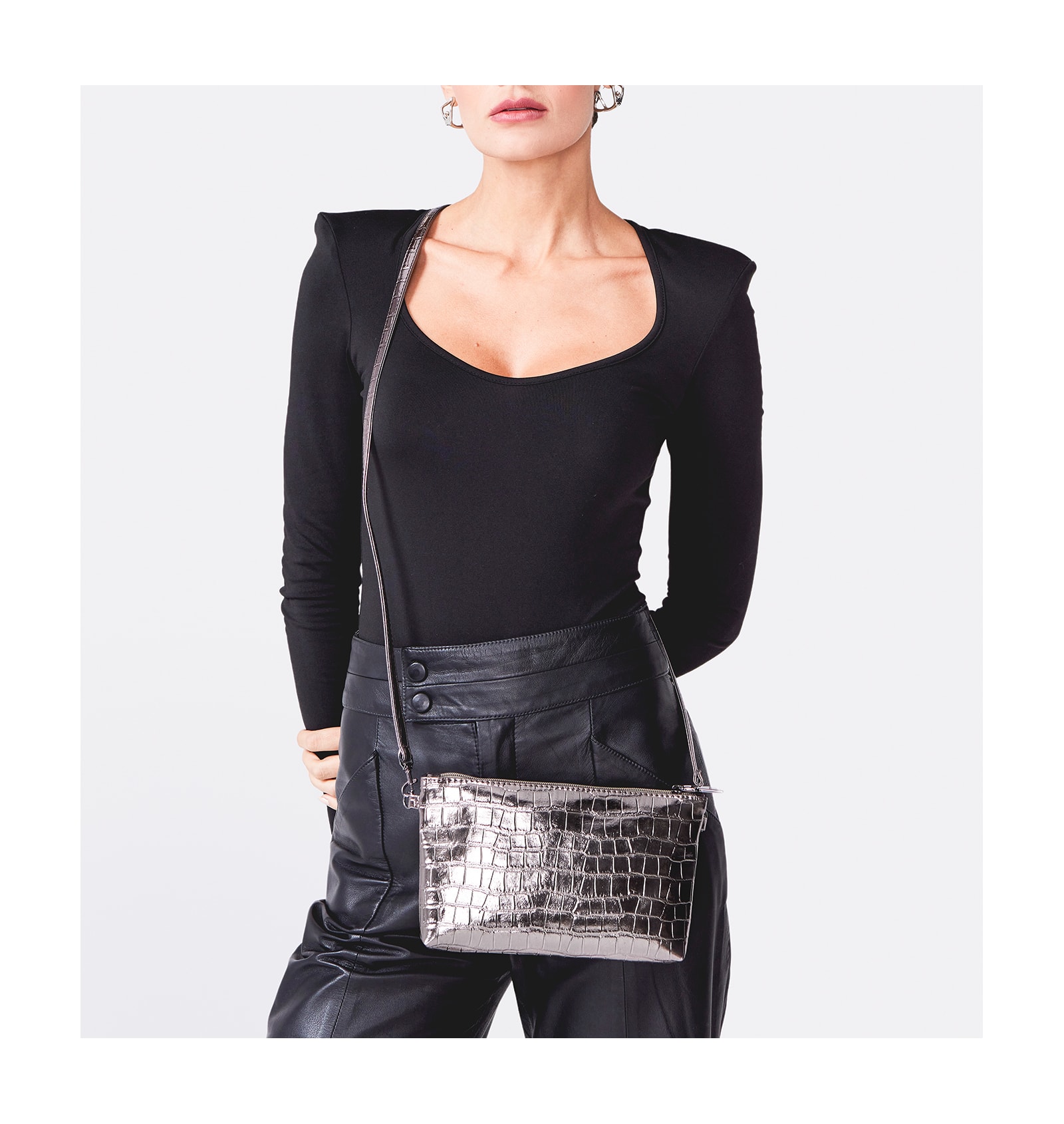 Bolsa Transversal Croco Prata Velho