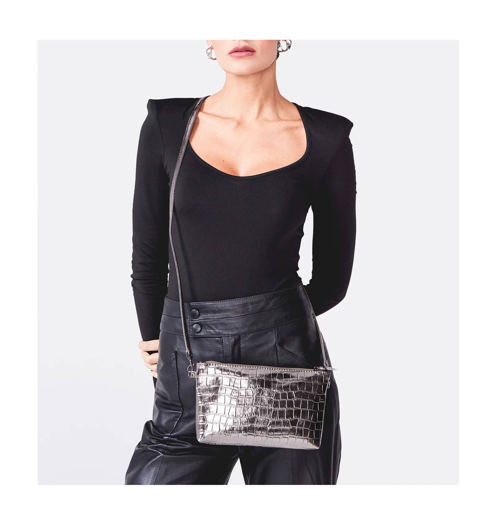 Bolsa Transversal Croco Prata Velho