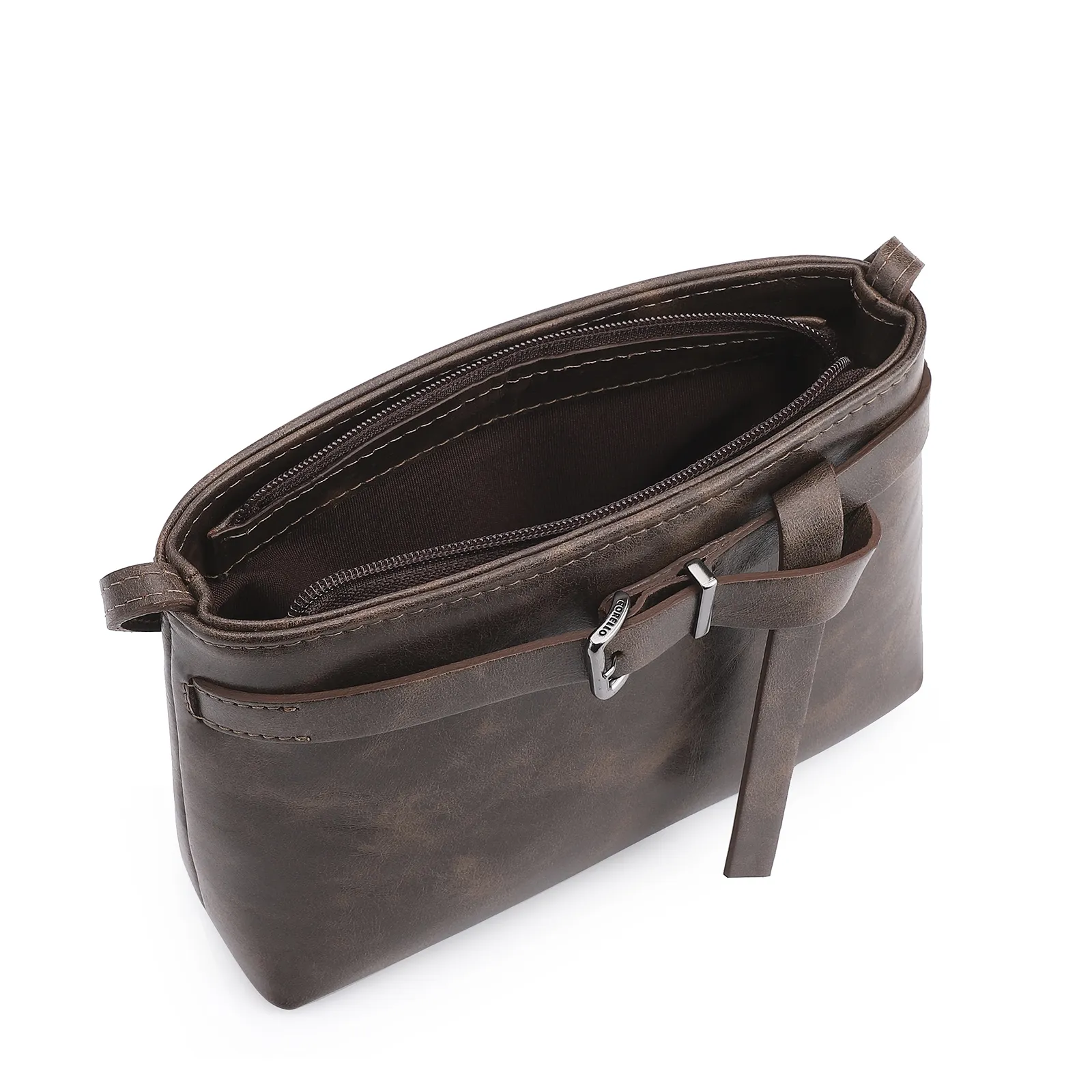 Bolsa Transversal Fivela Couro Estonado Marrom