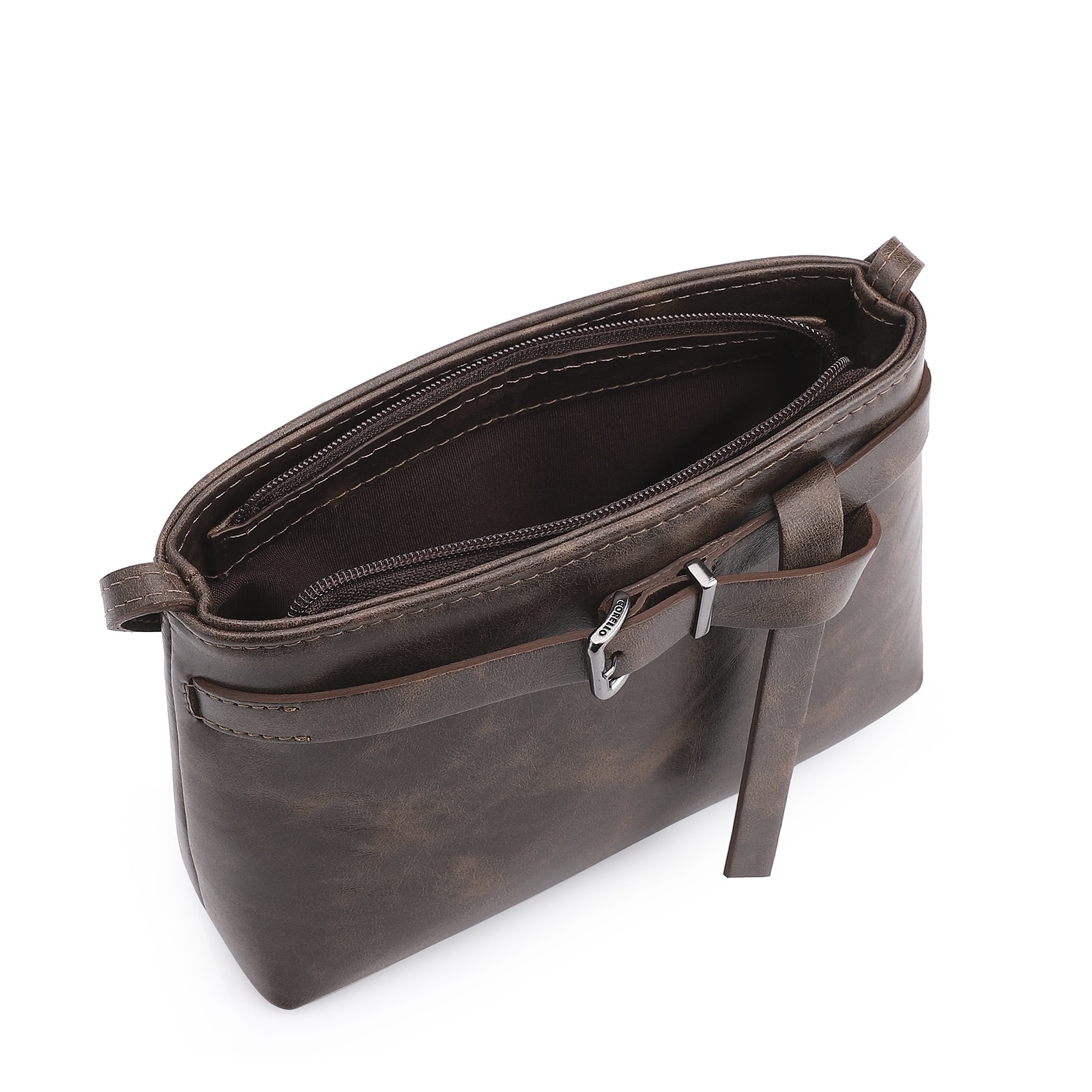 Bolsa Transversal Fivela Couro Estonado Marrom