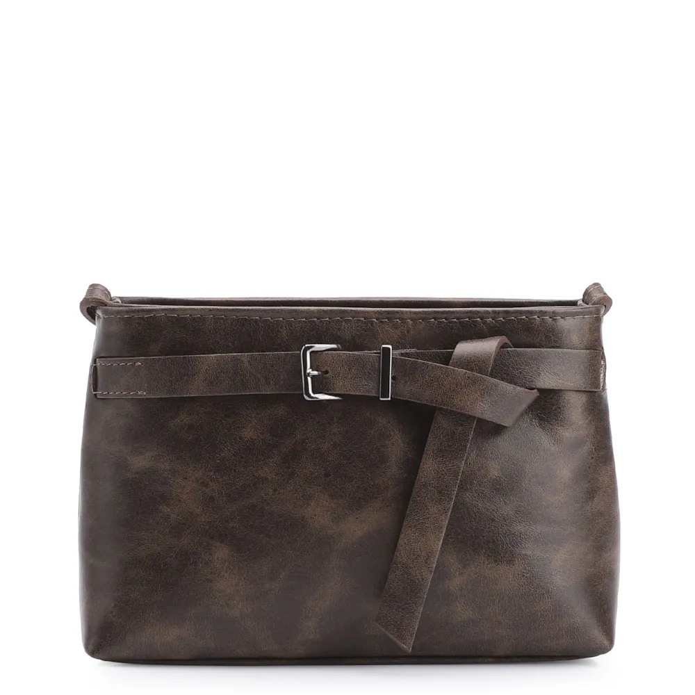Bolsa Transversal Fivela Couro Estonado Marrom