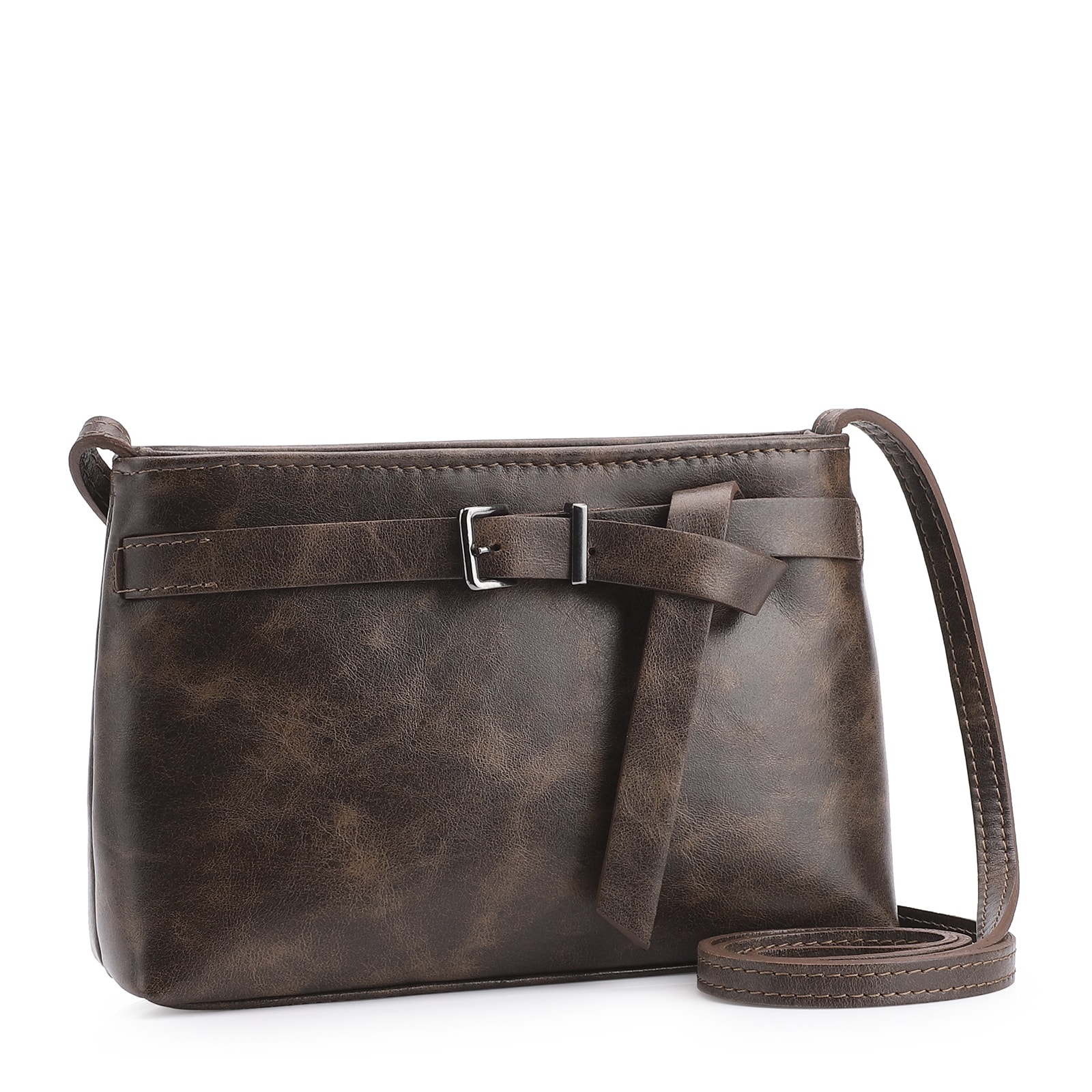 Bolsa Transversal Fivela Couro Estonado Marrom