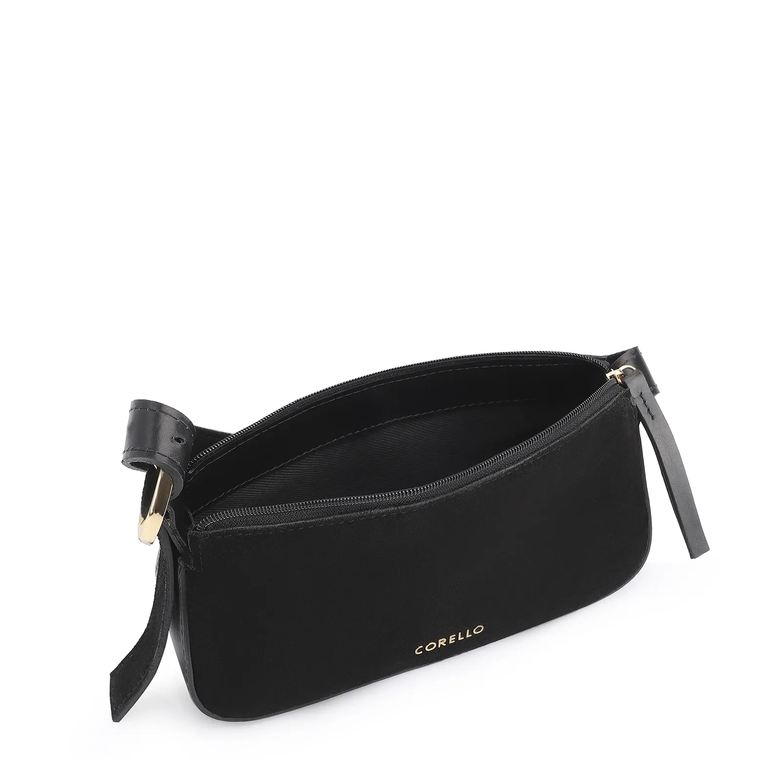 Bolsa Transversal Fivela Couro Preto/Camurça Preto