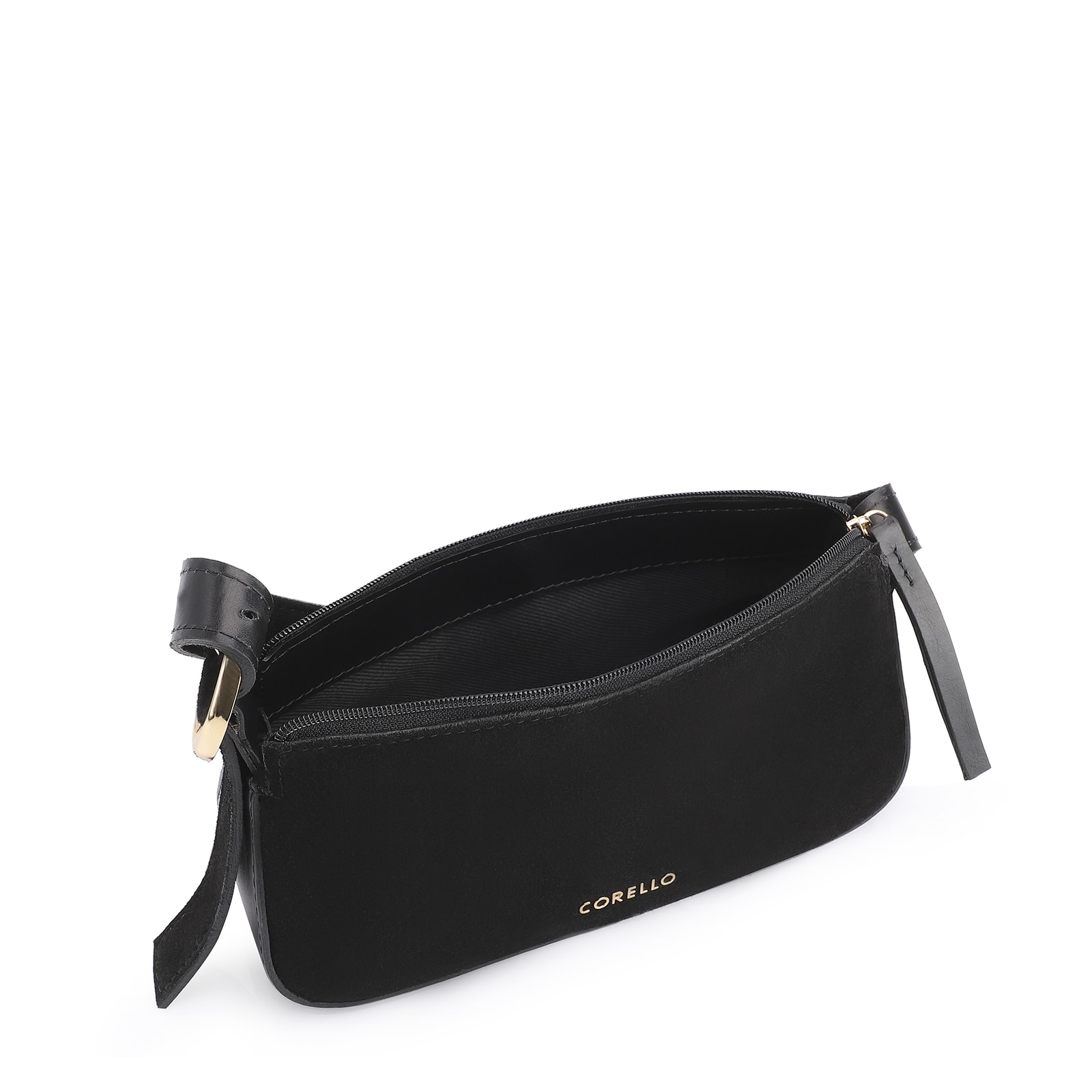 Bolsa Transversal Fivela Couro Preto/Camurça Preto