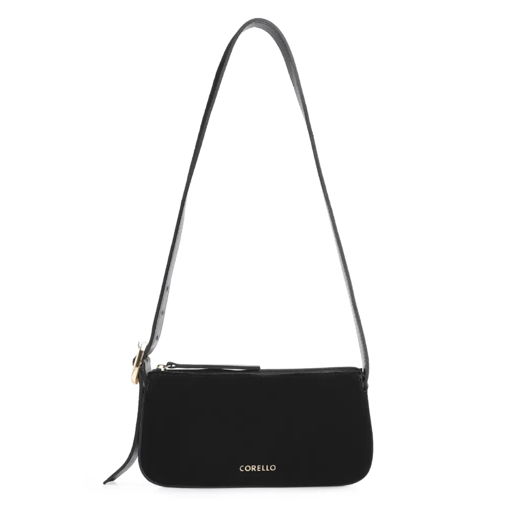 Bolsa Transversal Fivela Couro Preto/Camurça Preto