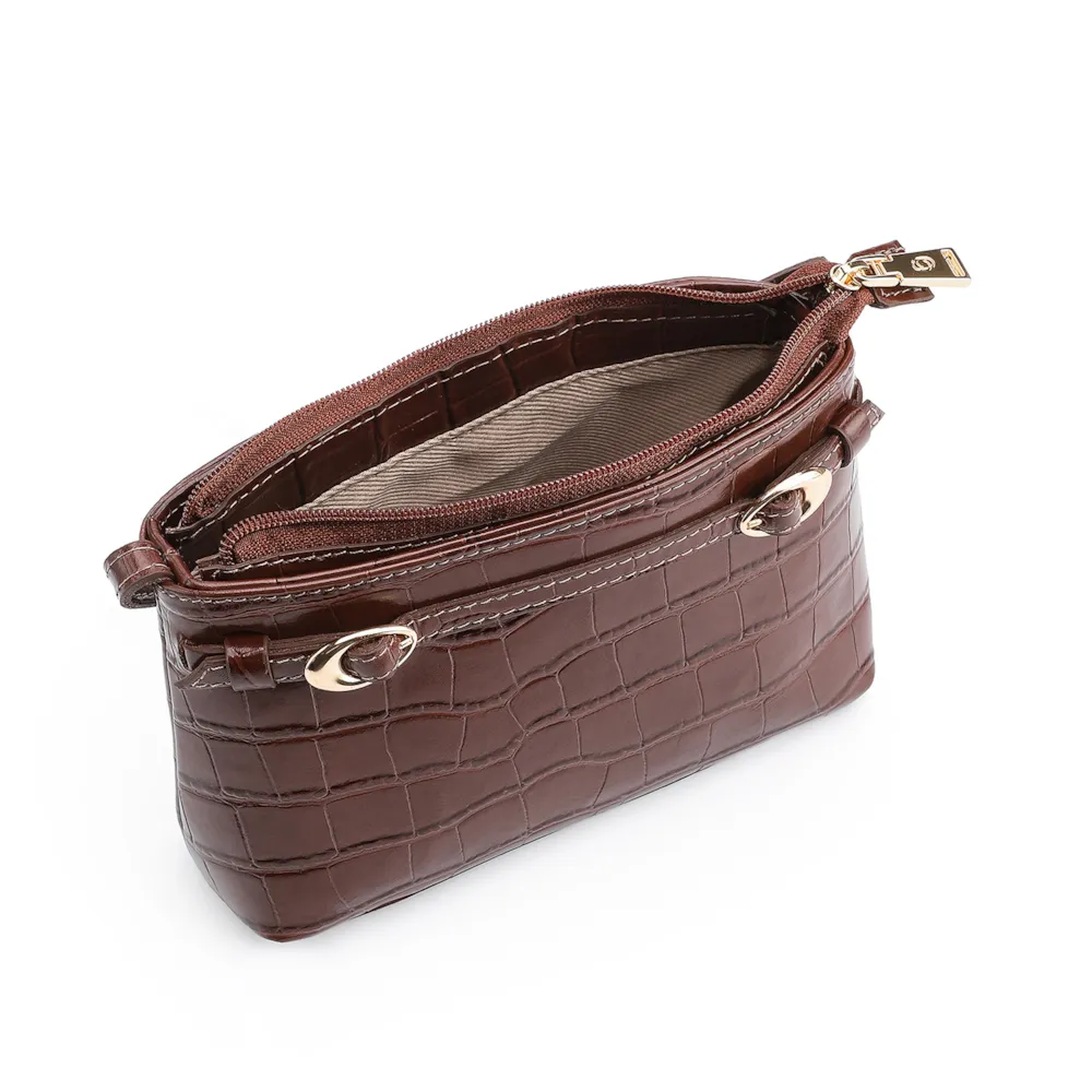 Bolsa Transversal Fivelas Couro Croco Marrom - imagem 4