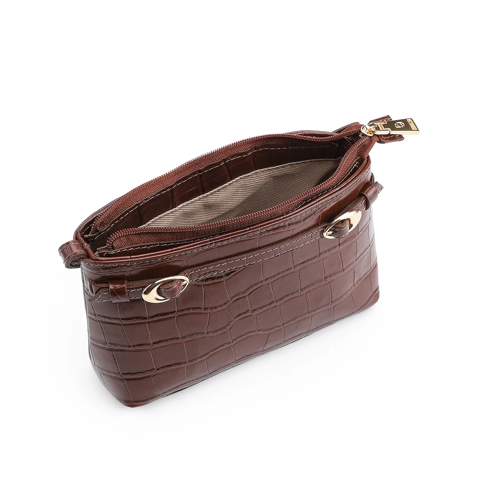 Bolsa Transversal Fivelas Couro Croco Marrom