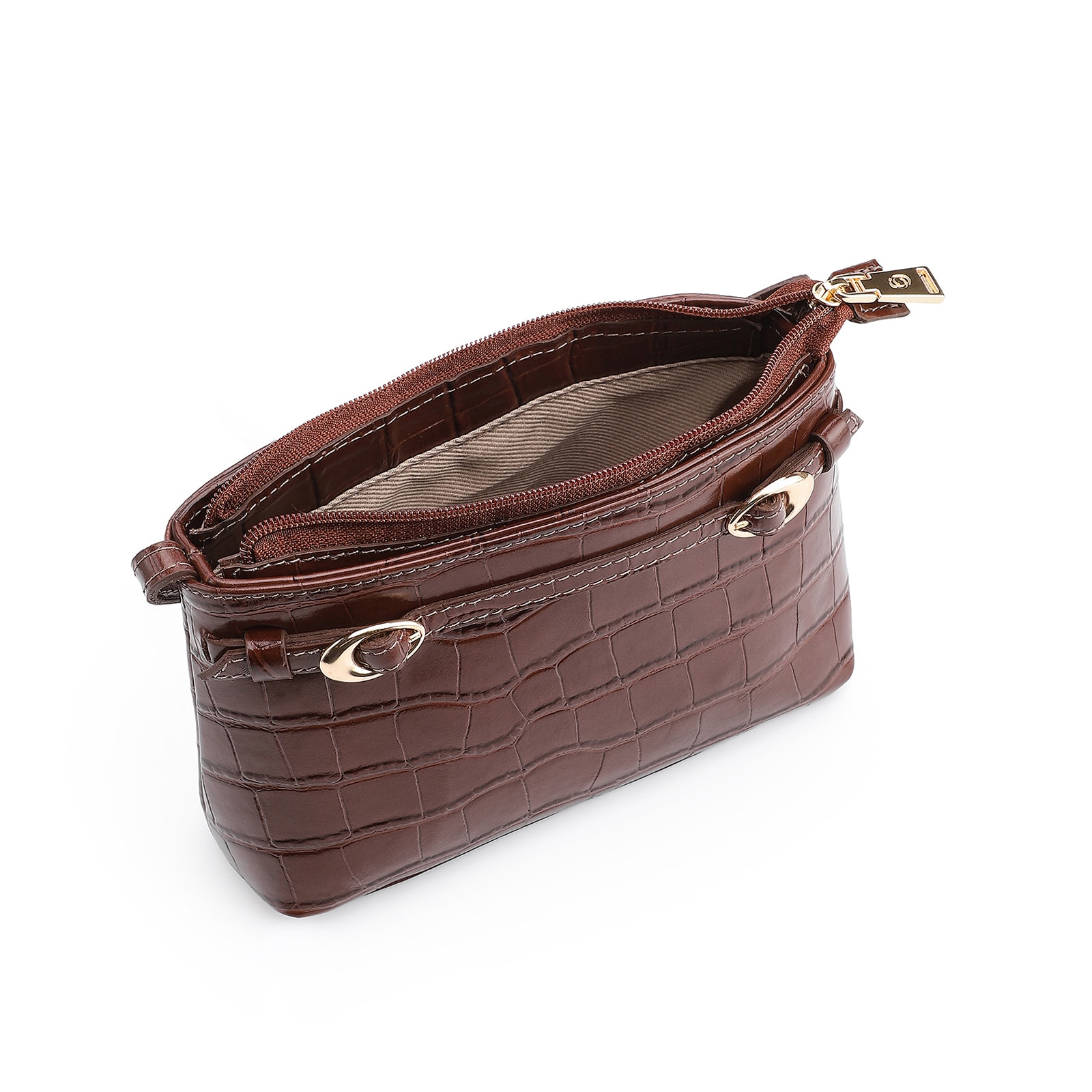 Bolsa Transversal Fivelas Couro Croco Marrom