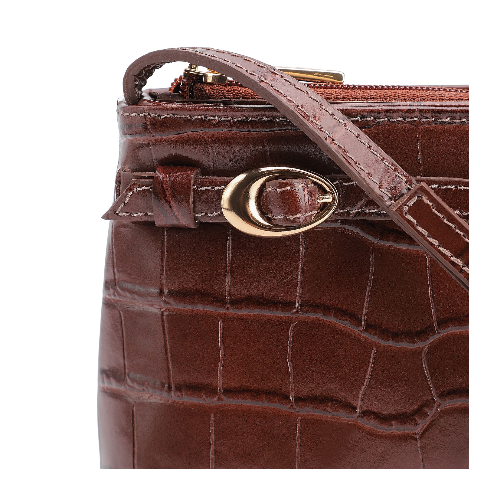Bolsa Transversal Fivelas Couro Croco Marrom