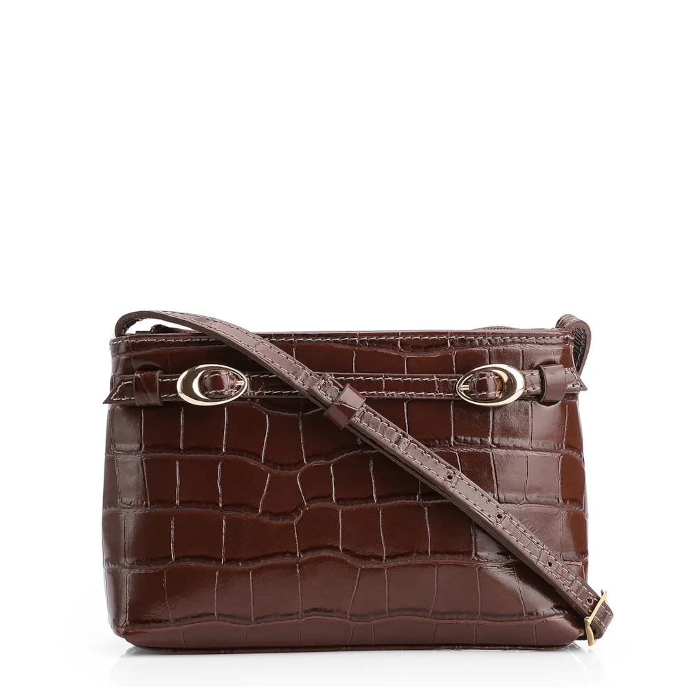 Bolsa Transversal Fivelas Couro Croco Marrom
