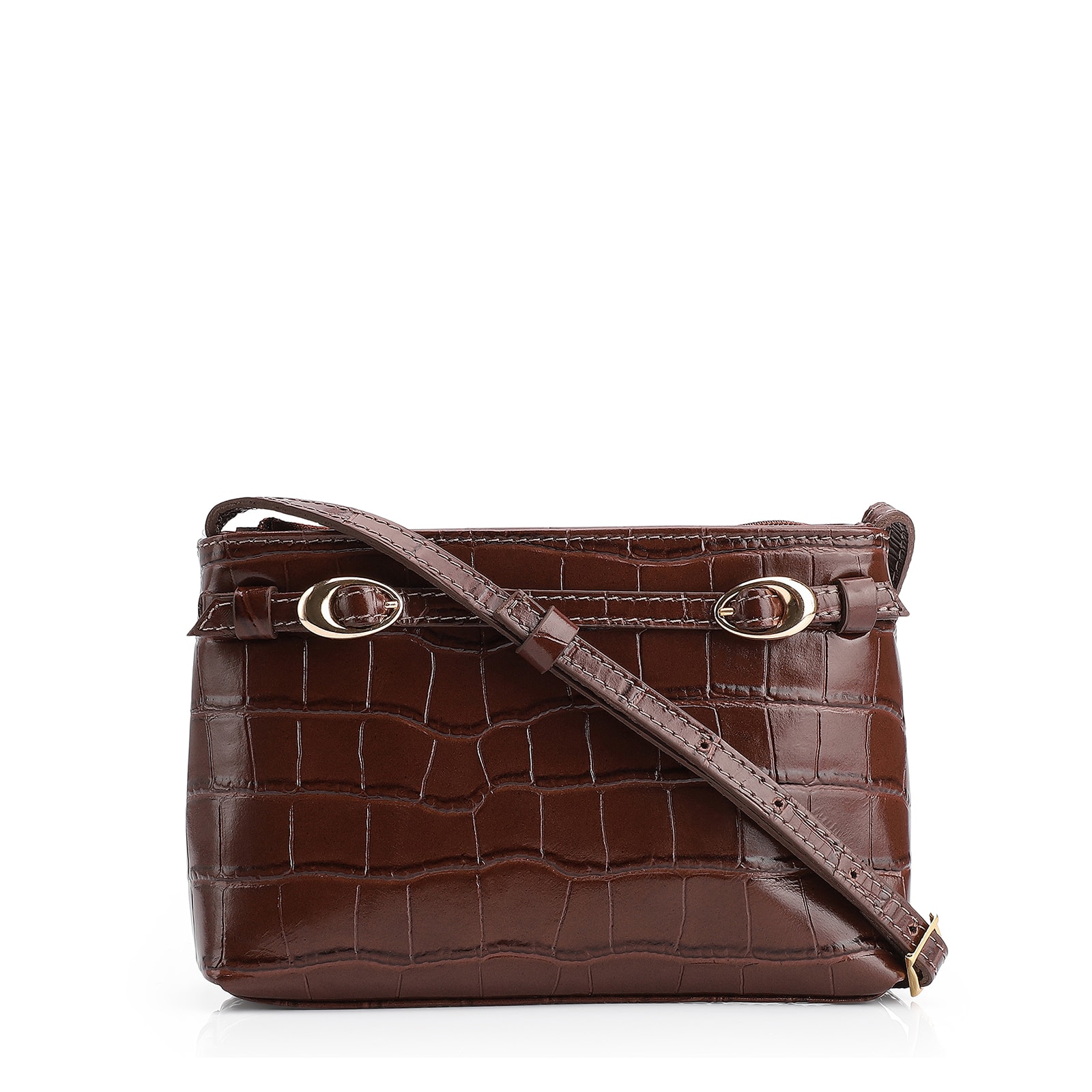 Bolsa Transversal Fivelas Couro Croco Marrom