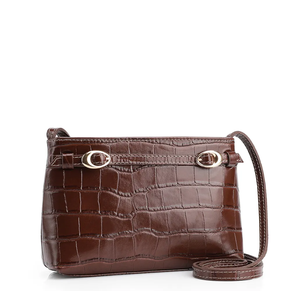 Bolsa Transversal Fivelas Couro Croco Marrom - imagem 2