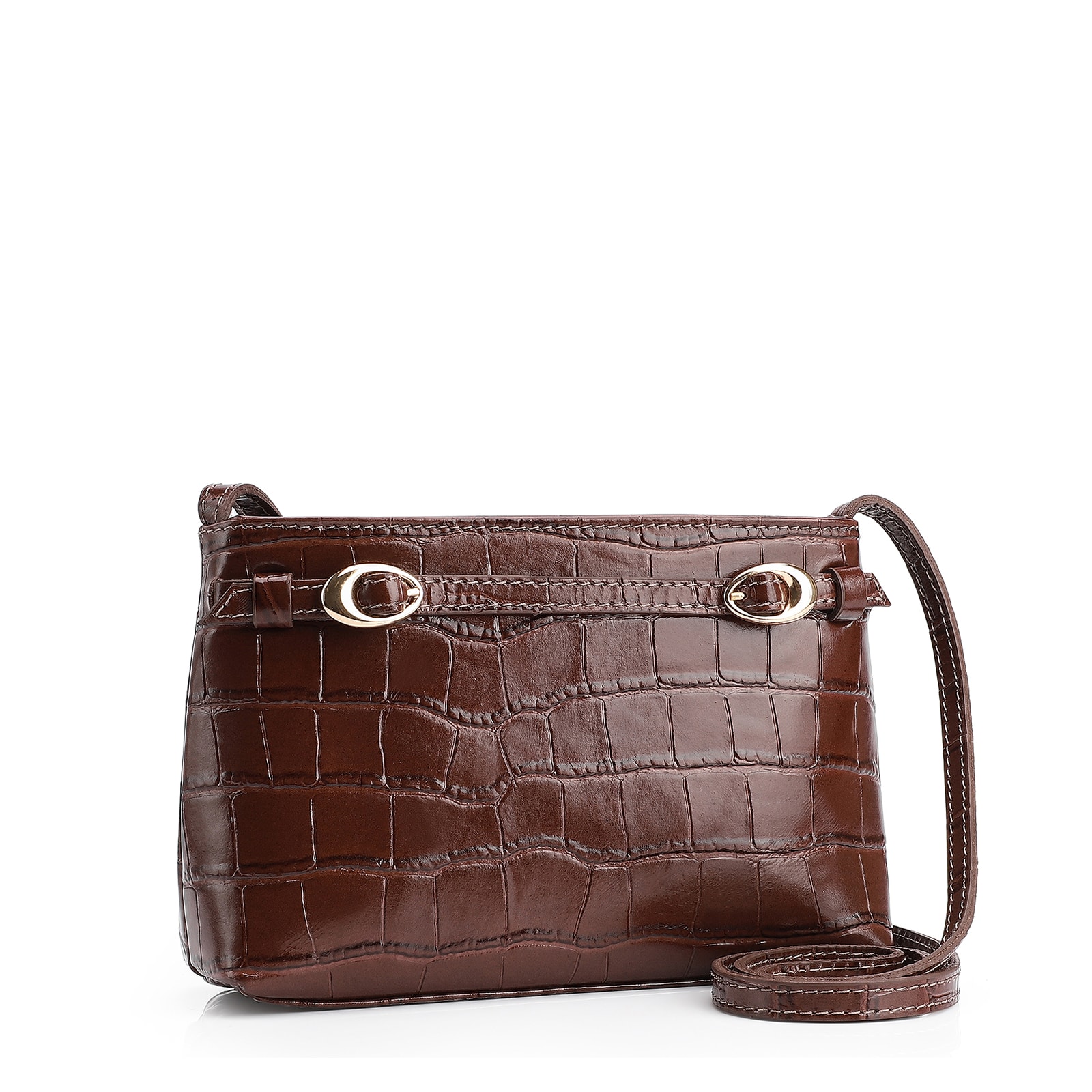 Bolsa Transversal Fivelas Couro Croco Marrom