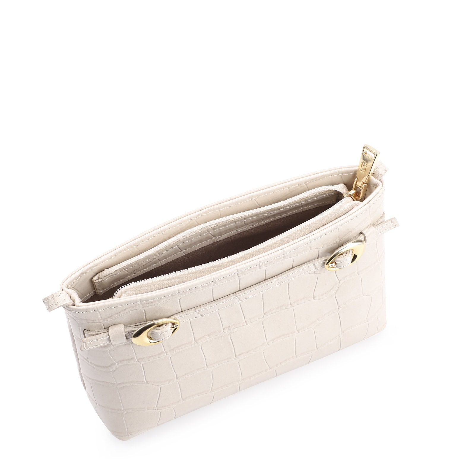 Bolsa Transversal Fivelas Couro Croco Off White