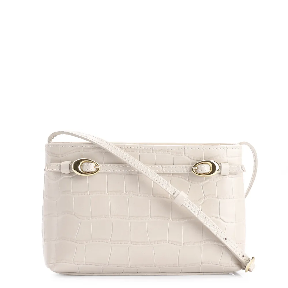 Bolsa Transversal Fivelas Couro Croco Off White