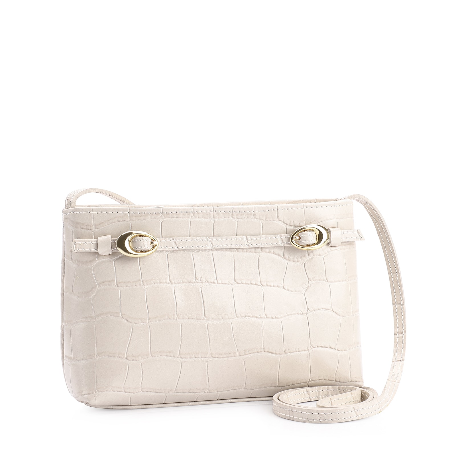 Bolsa Transversal Fivelas Couro Croco Off White