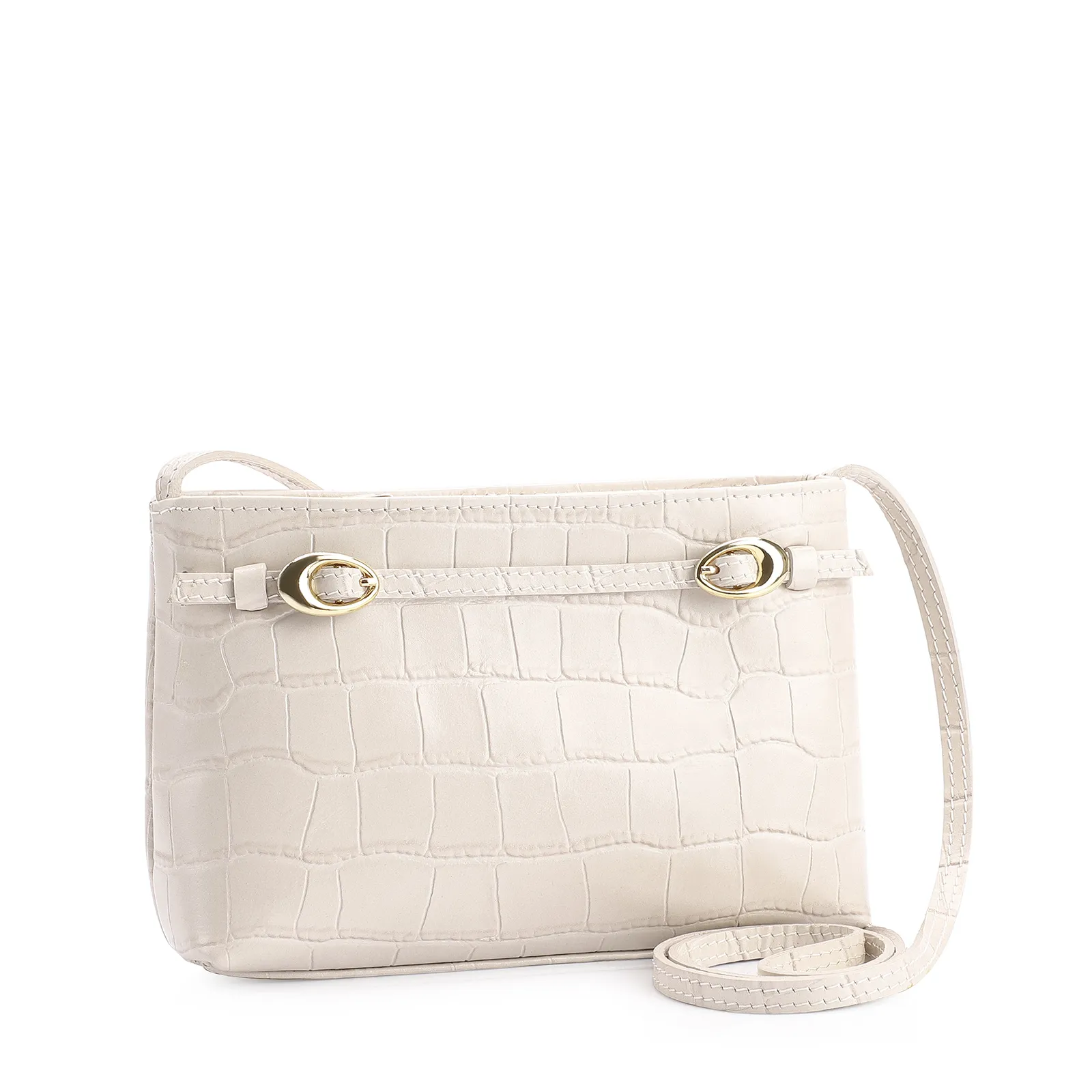 Bolsa Transversal Fivelas Couro Croco Off White