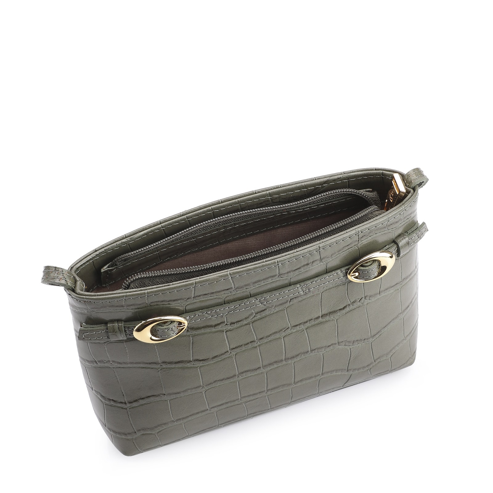 Bolsa Transversal Fivelas Couro Croco Verde