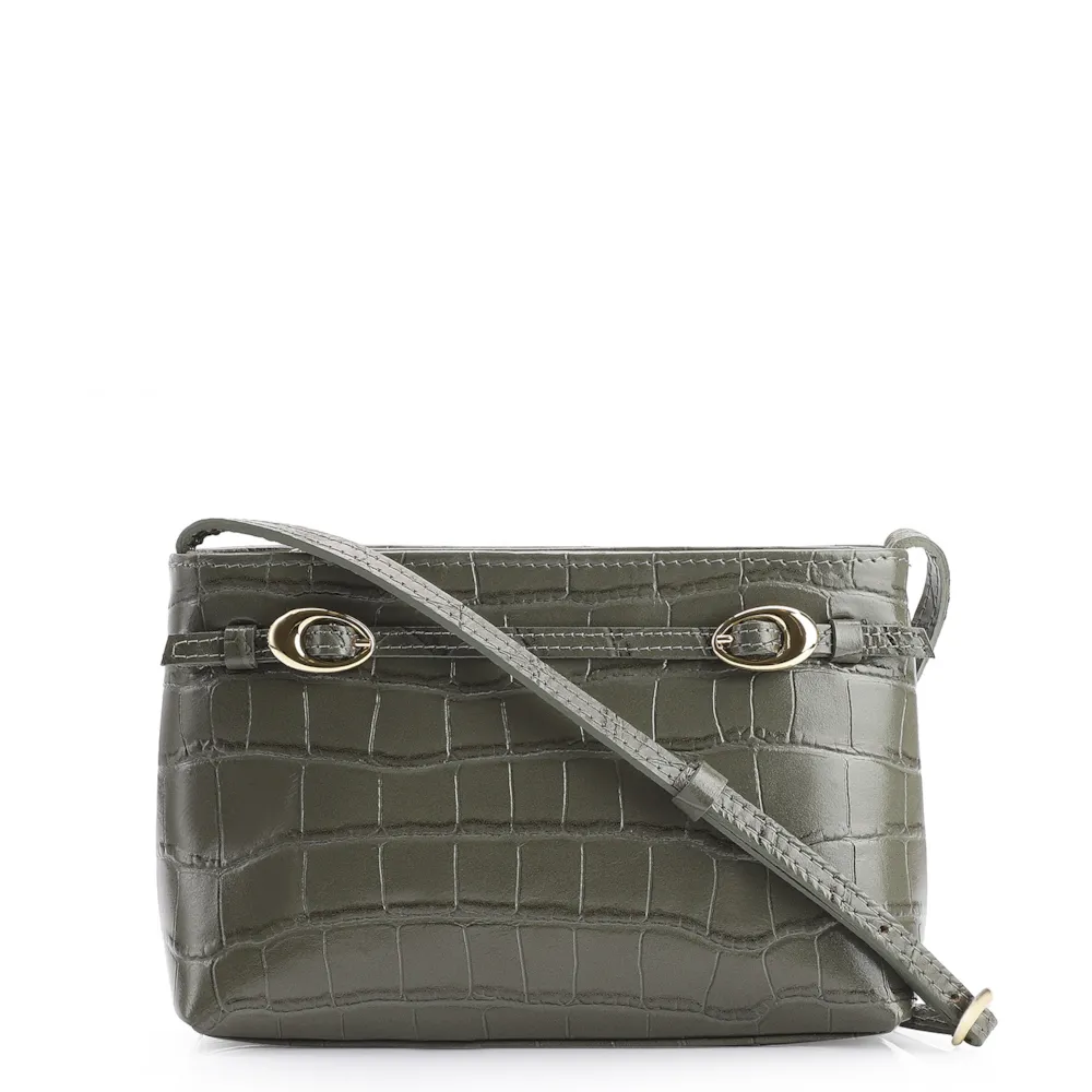 Bolsa Transversal Fivelas Couro Croco Verde