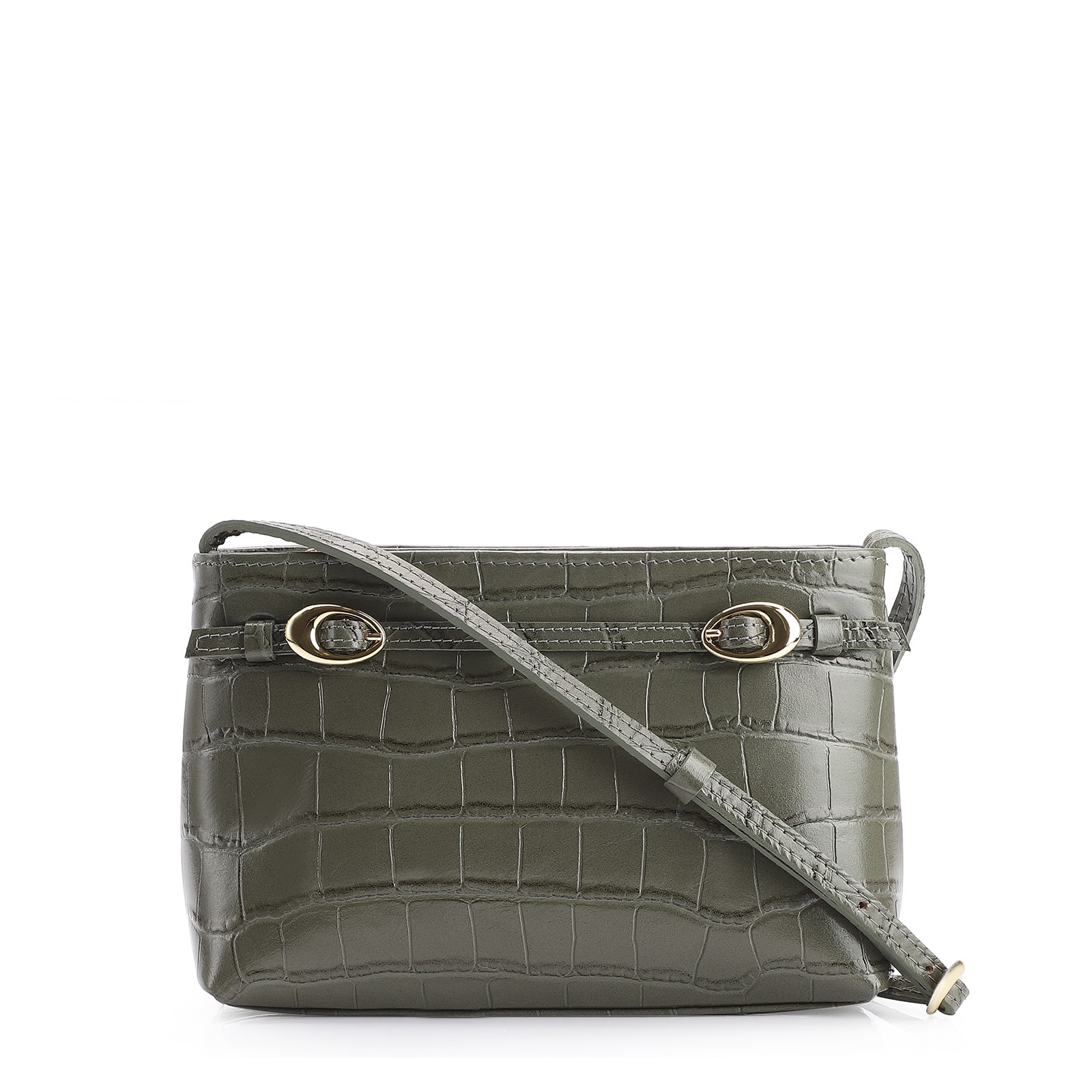 Bolsa Transversal Fivelas Couro Croco Verde
