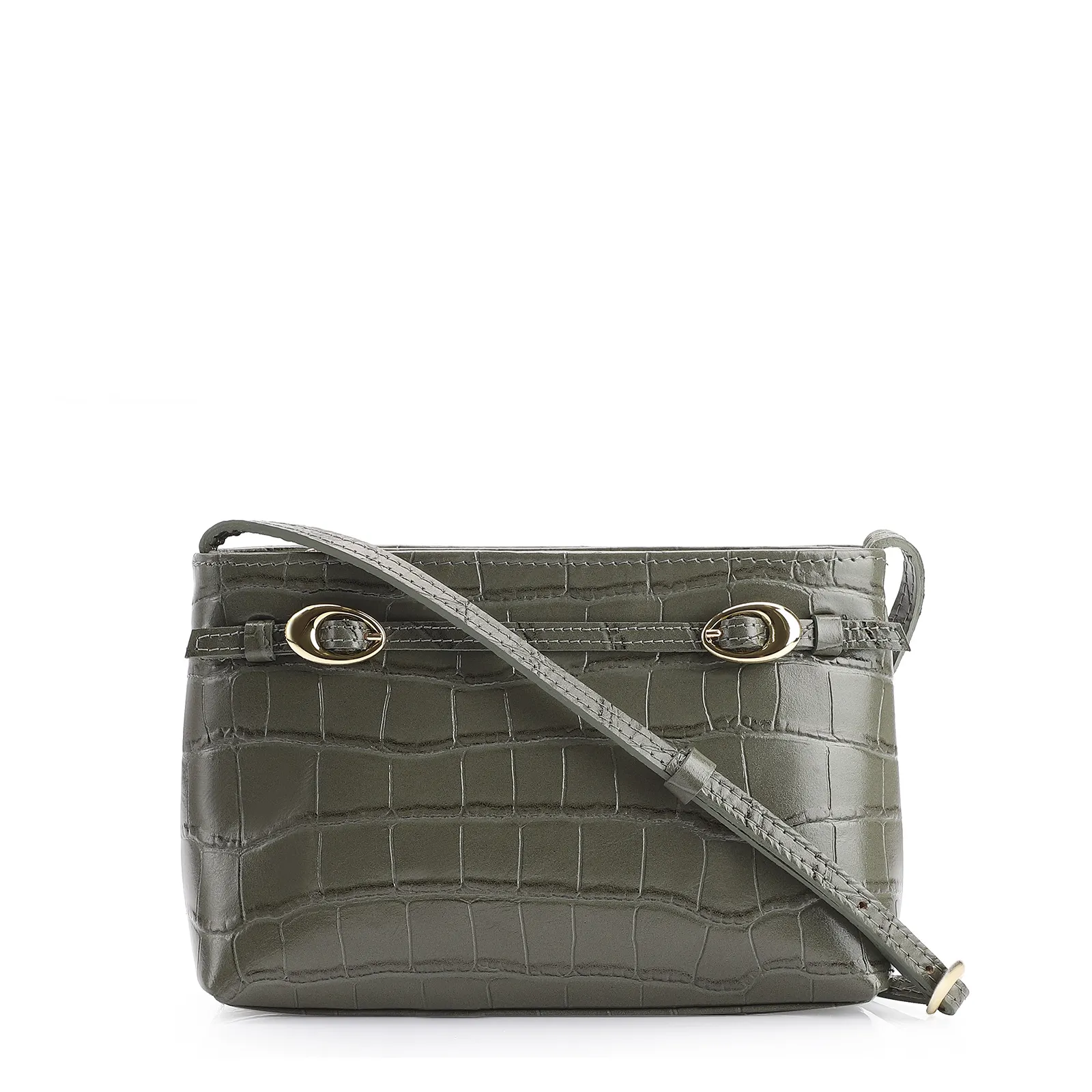 Bolsa Transversal Fivelas Couro Croco Verde