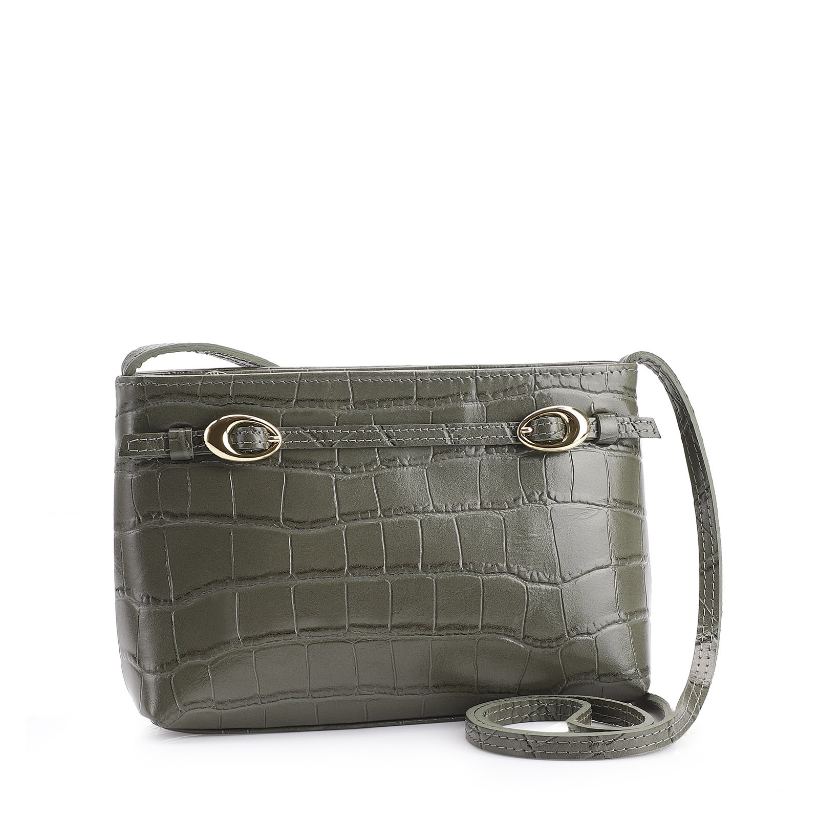 Bolsa Transversal Fivelas Couro Croco Verde