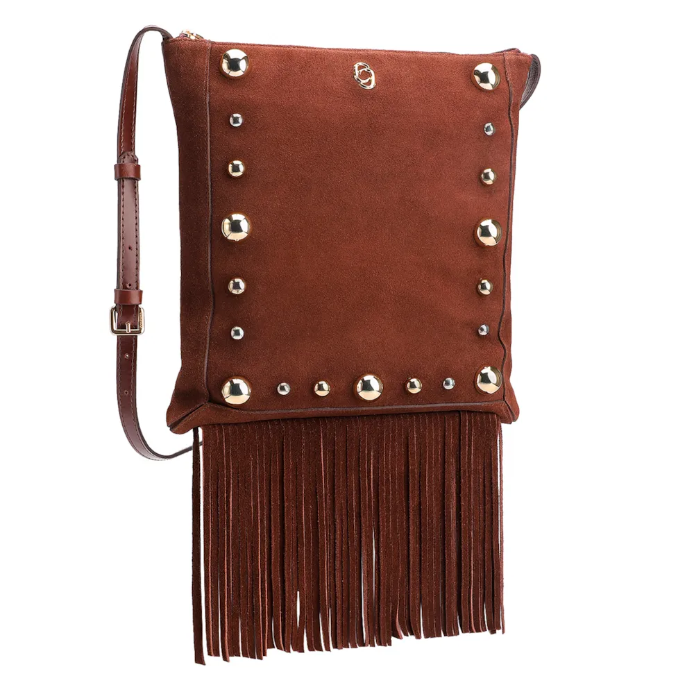 Bolsa Transversal Franjas Couro Camurça/Couro Marrom Escuro - imagem 3