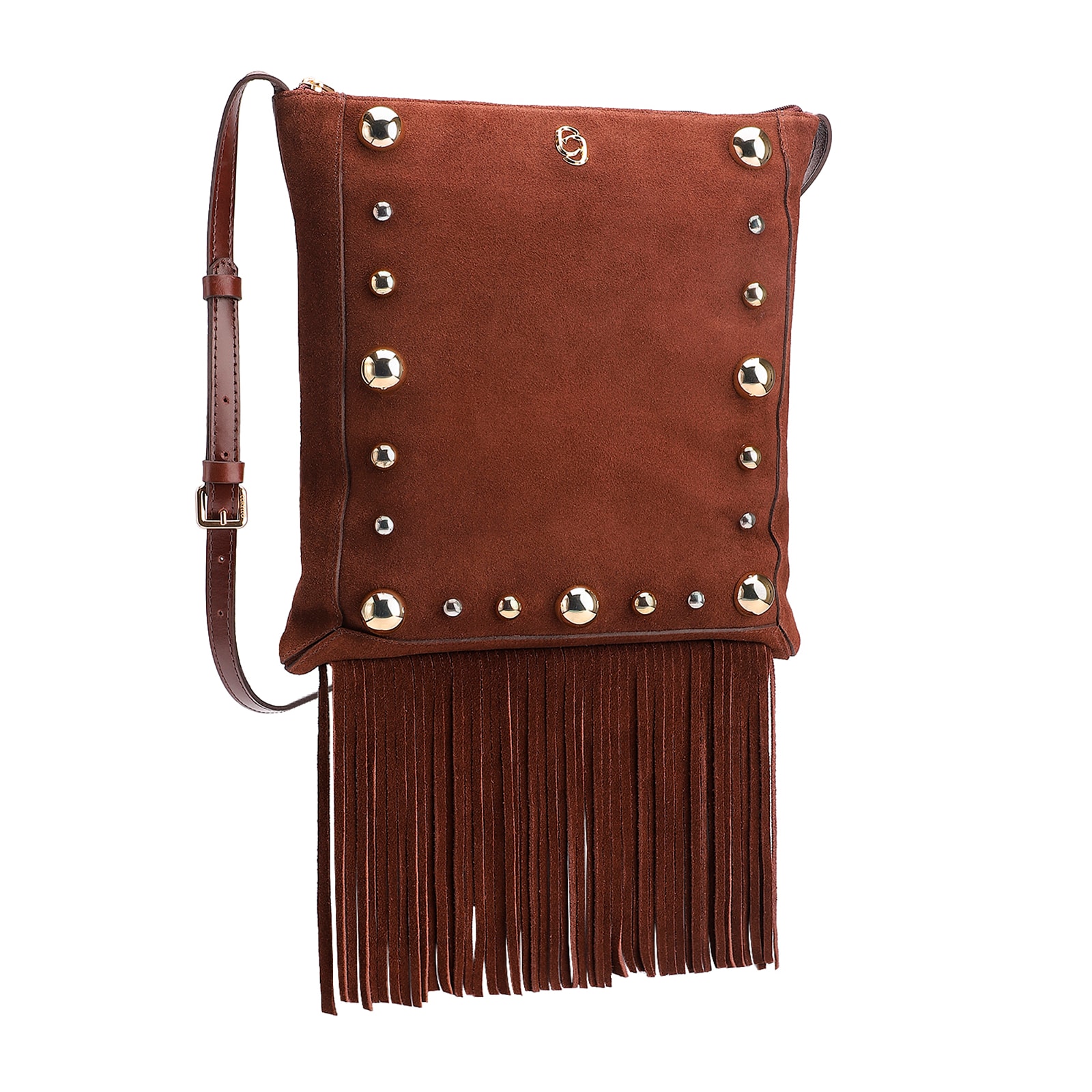 Bolsa Transversal Franjas Couro Camurça/Couro Marrom Escuro