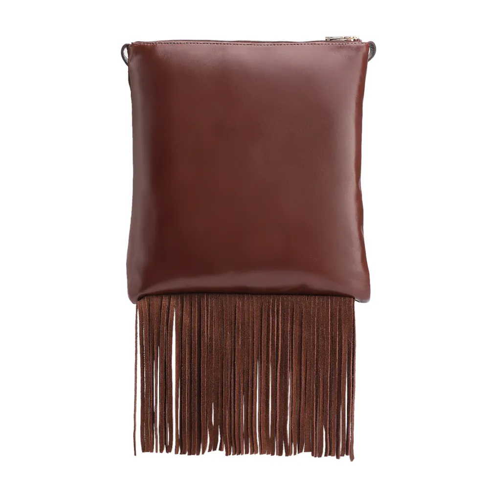 Bolsa Transversal Franjas Couro Camurça/Couro Marrom Escuro - imagem 4