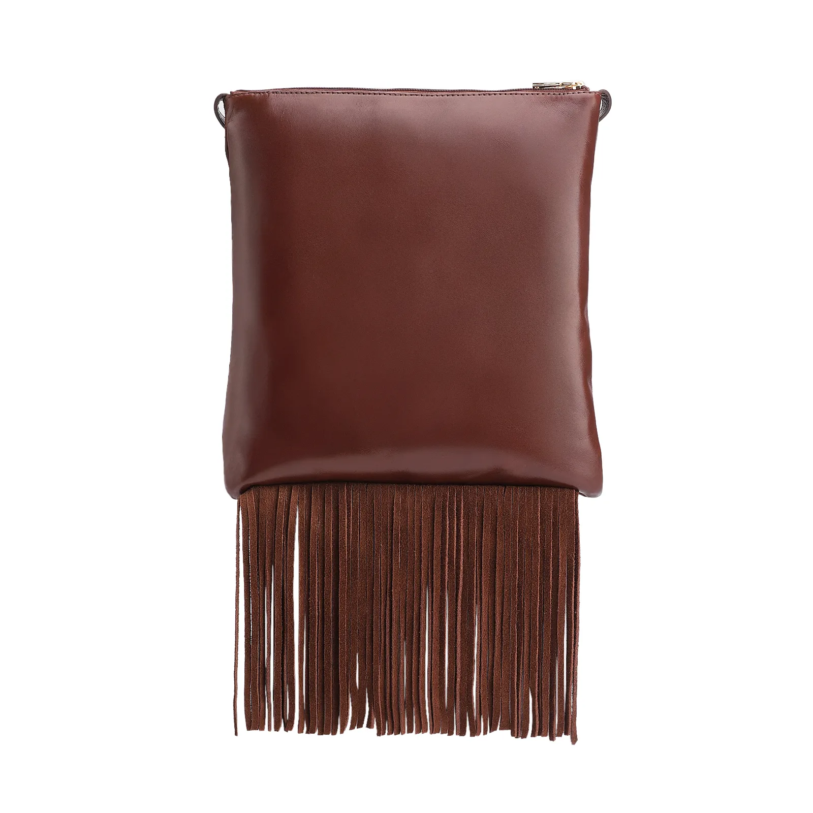 Bolsa Transversal Franjas Couro Camurça/Couro Marrom Escuro