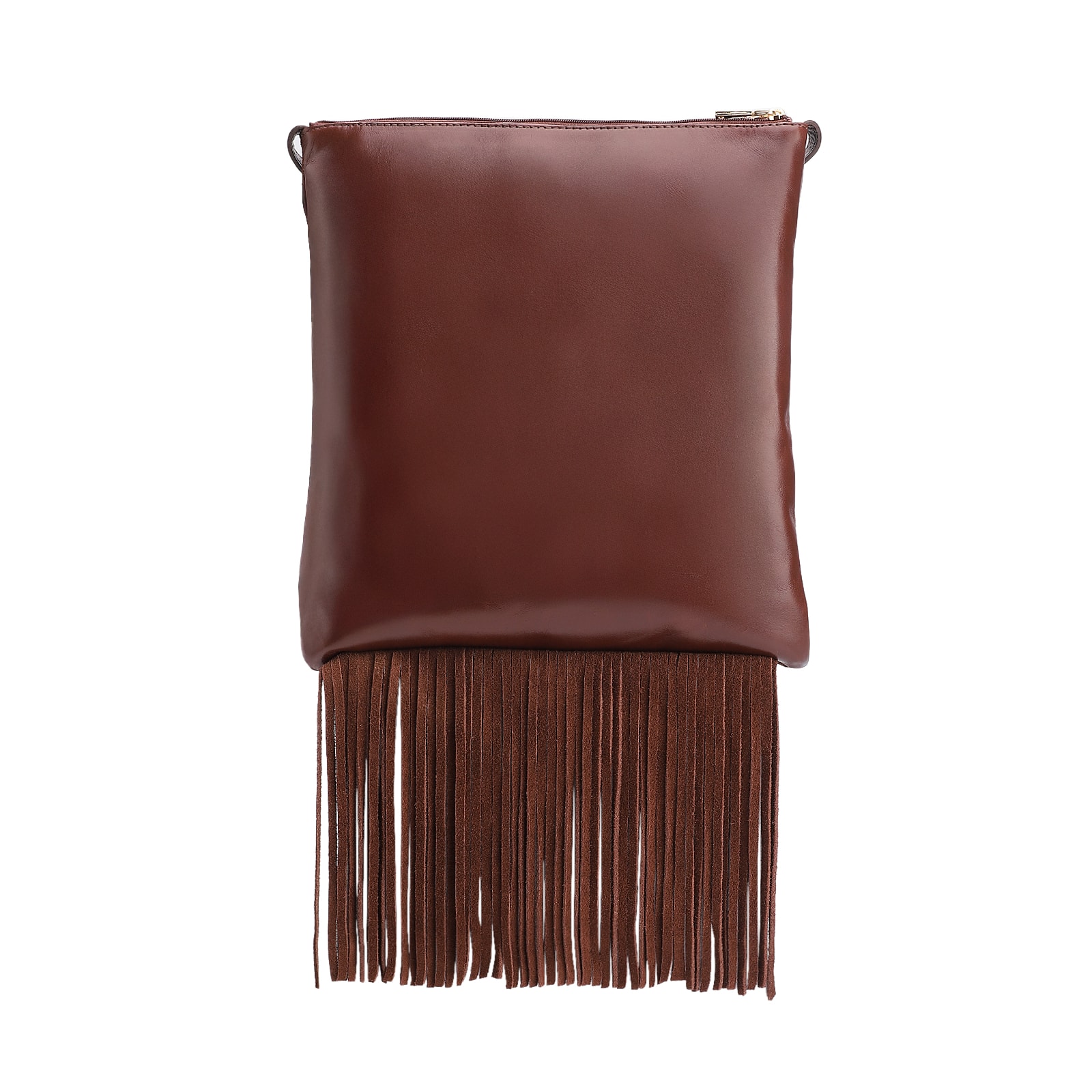 Bolsa Transversal Franjas Couro Camurça/Couro Marrom Escuro