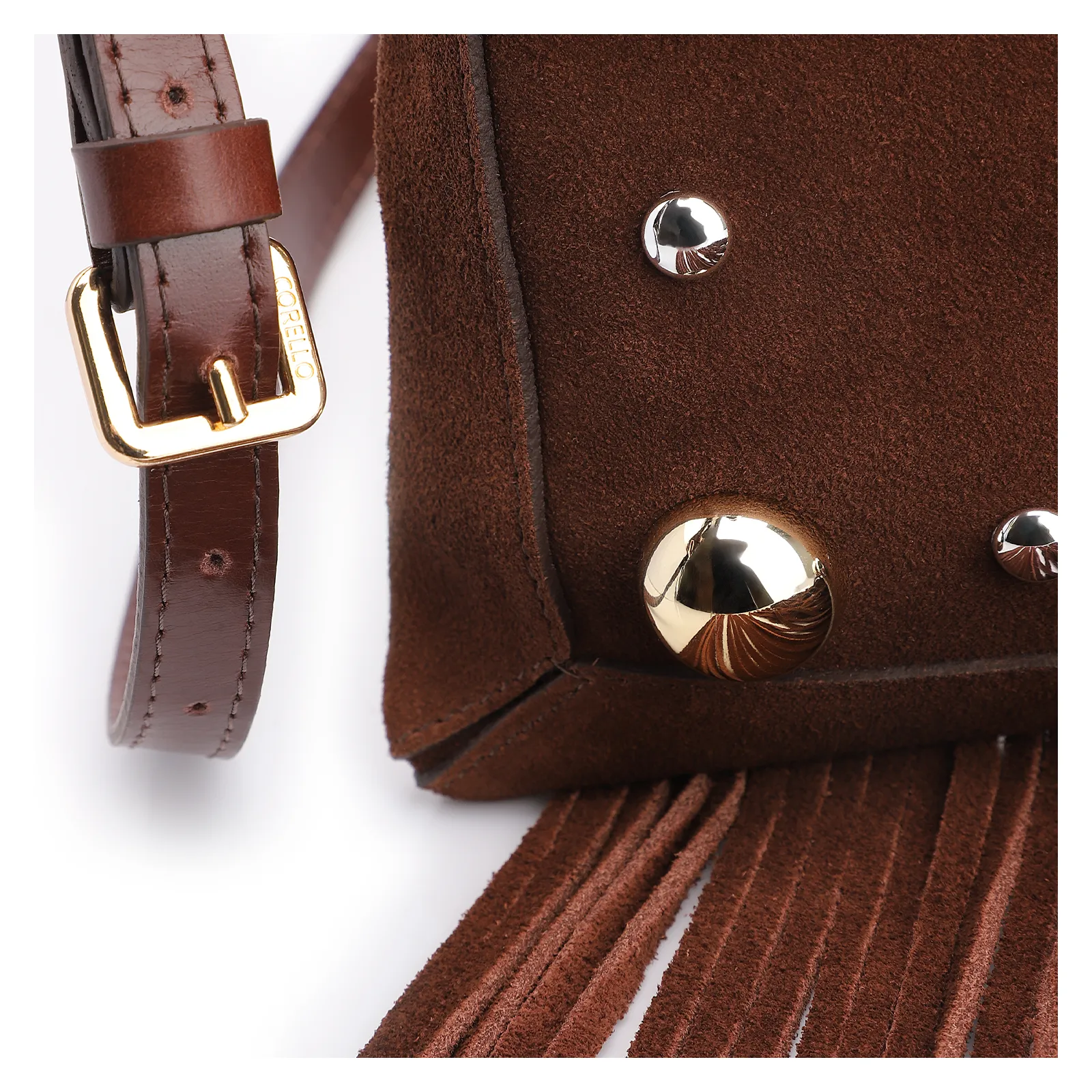 Bolsa Transversal Franjas Couro Camurça/Couro Marrom Escuro