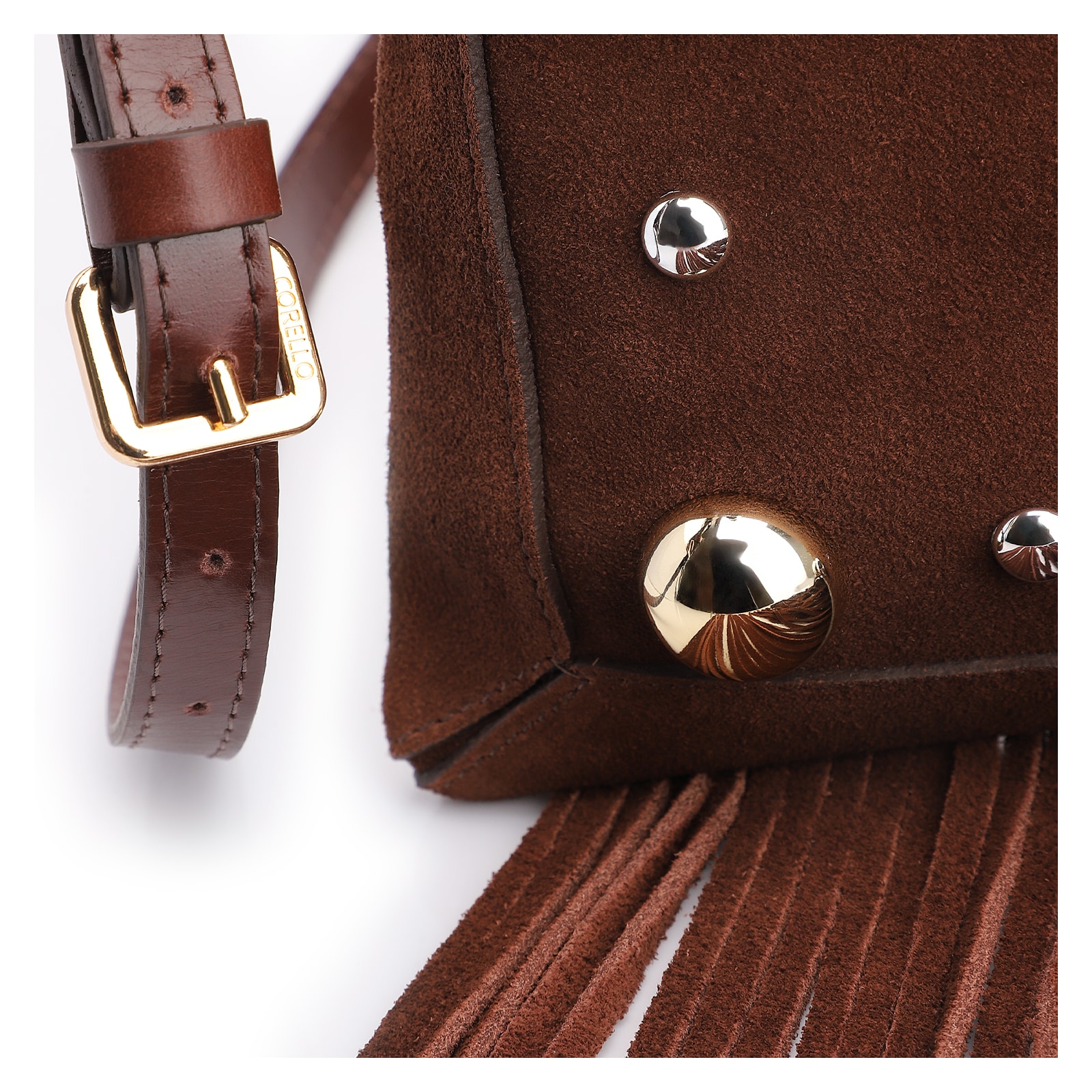 Bolsa Transversal Franjas Couro Camurça/Couro Marrom Escuro