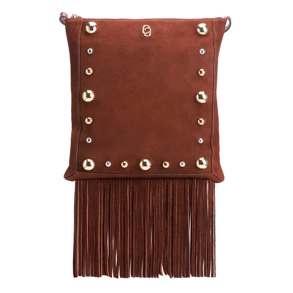 Bolsa Transversal Franjas Couro Camurça/Couro Marrom Escuro