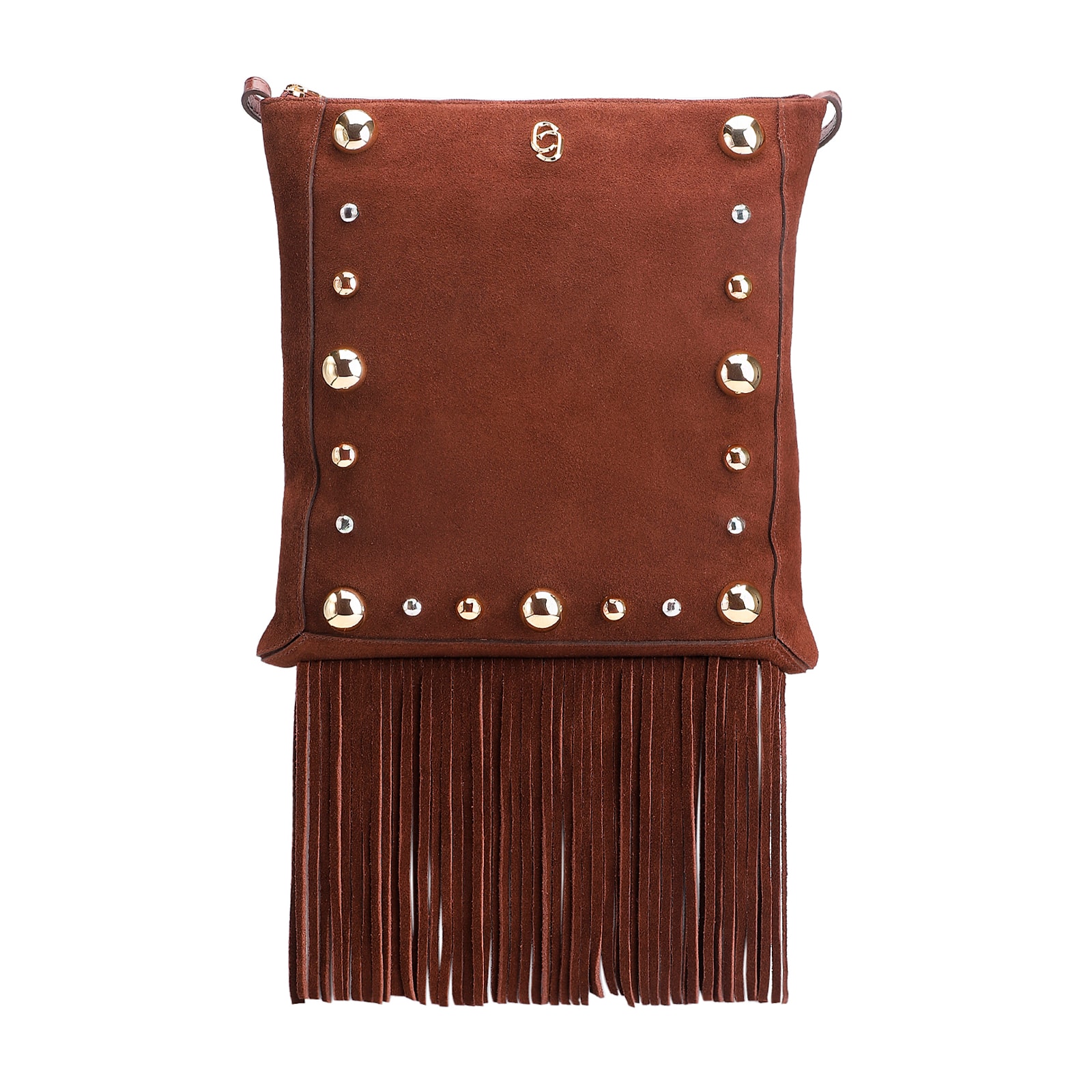 Bolsa Transversal Franjas Couro Camurça/Couro Marrom Escuro