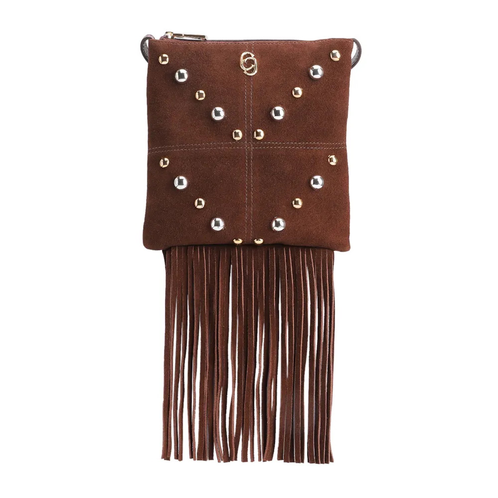 Bolsa Transversal Franjas Couro Camurça/Couro Marrom Escuro