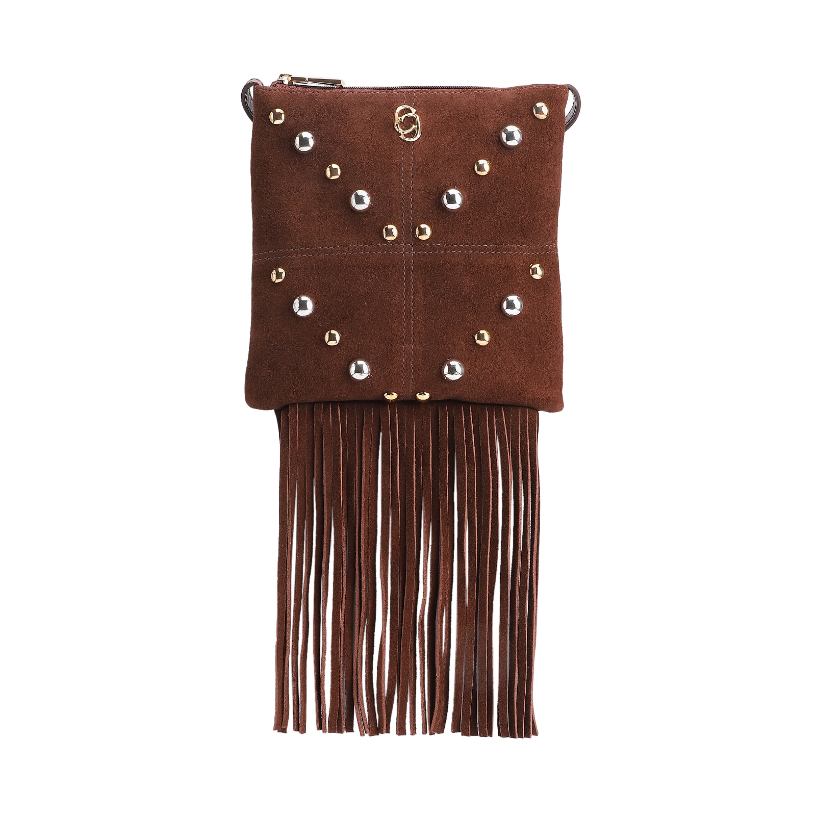 Bolsa Transversal Franjas Couro Camurça/Couro Marrom Escuro